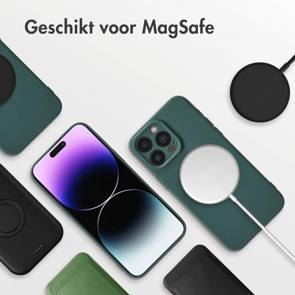 iPhone verdi e neri con caricabatterie e custodie MagSafe.