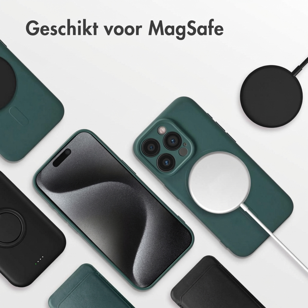 Multiple green and black phone cases and MagSafe chargers on a white background.
