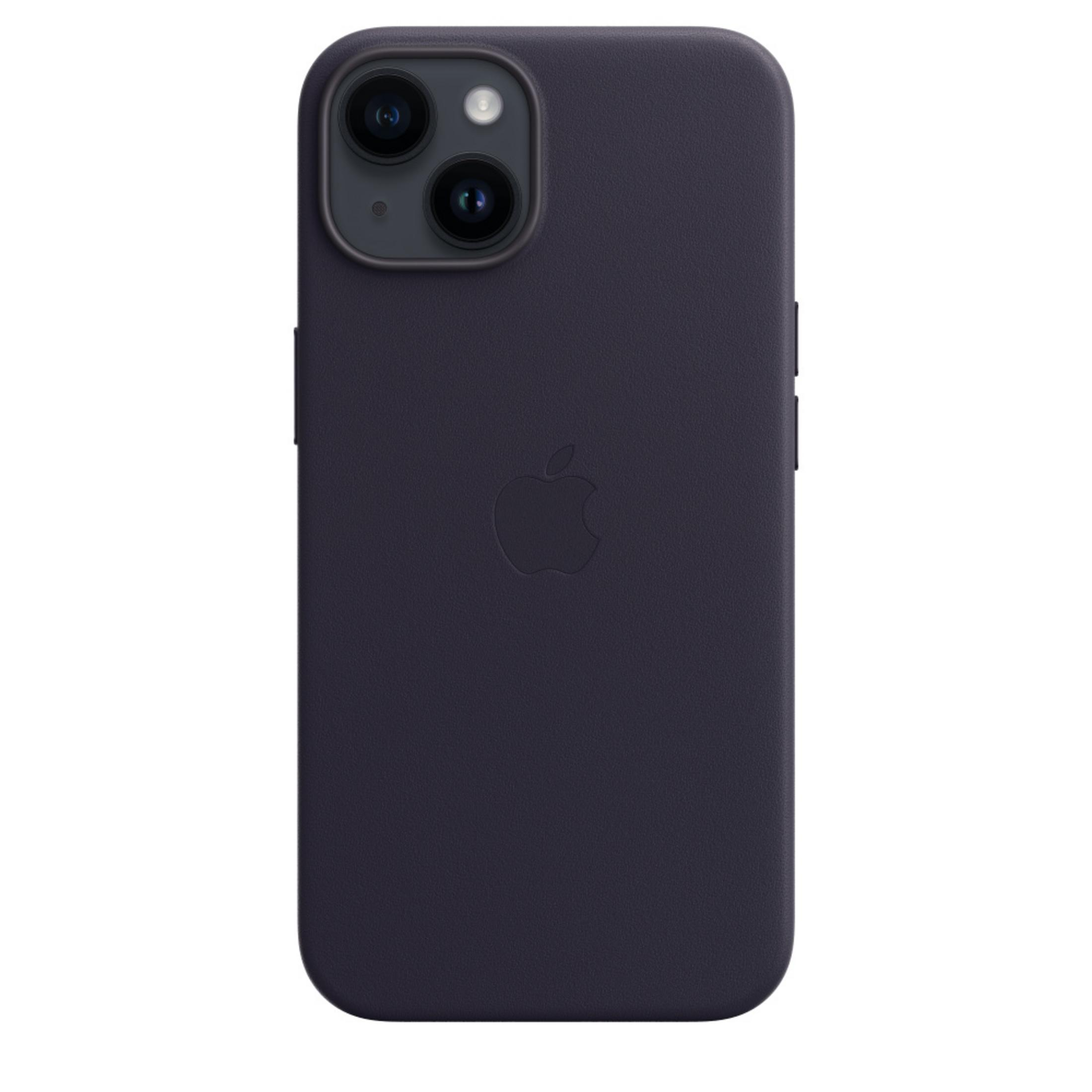 Custodia viola scuro per telefono con logo Apple e foro fotocamera.