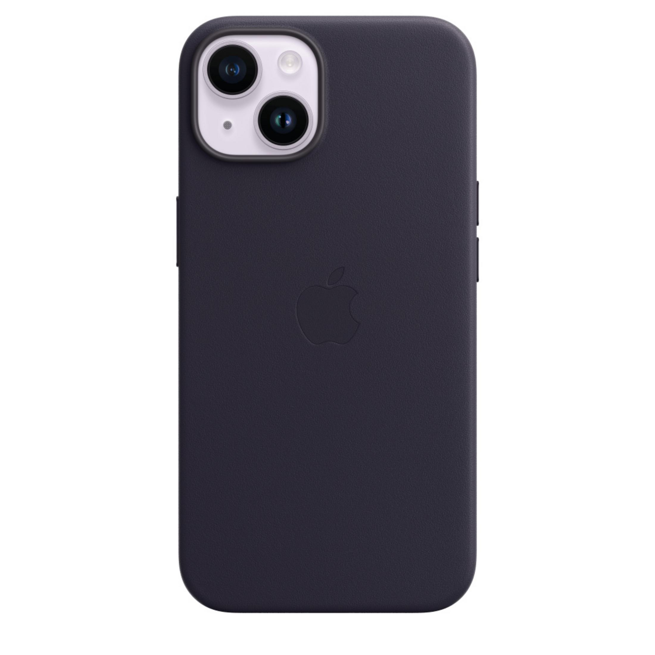 Custodia per telefono blu scuro con logo Apple e foro fotocamera.