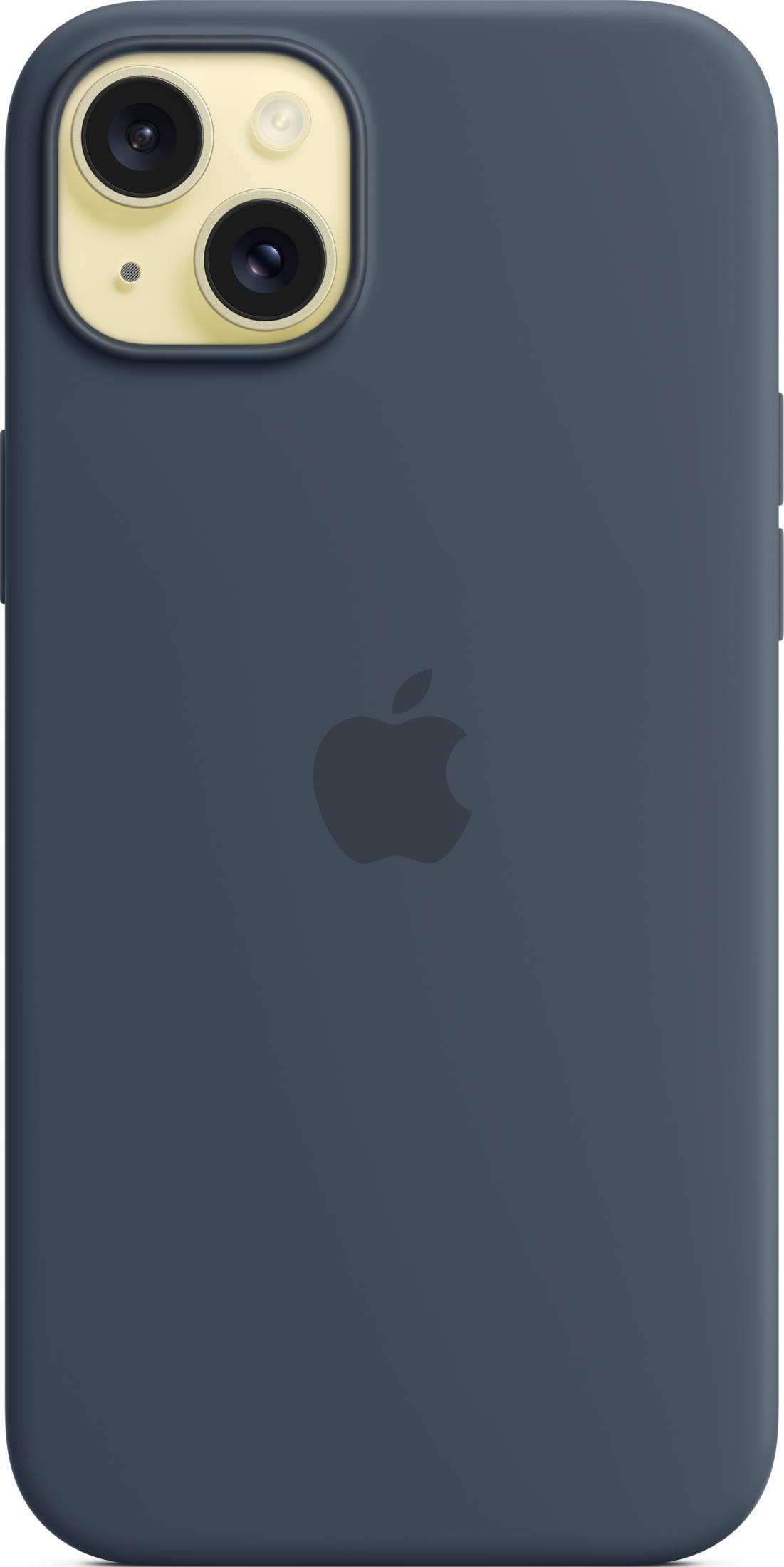 Funda gris oscura para smartphone con logo de Apple y doble cámara.