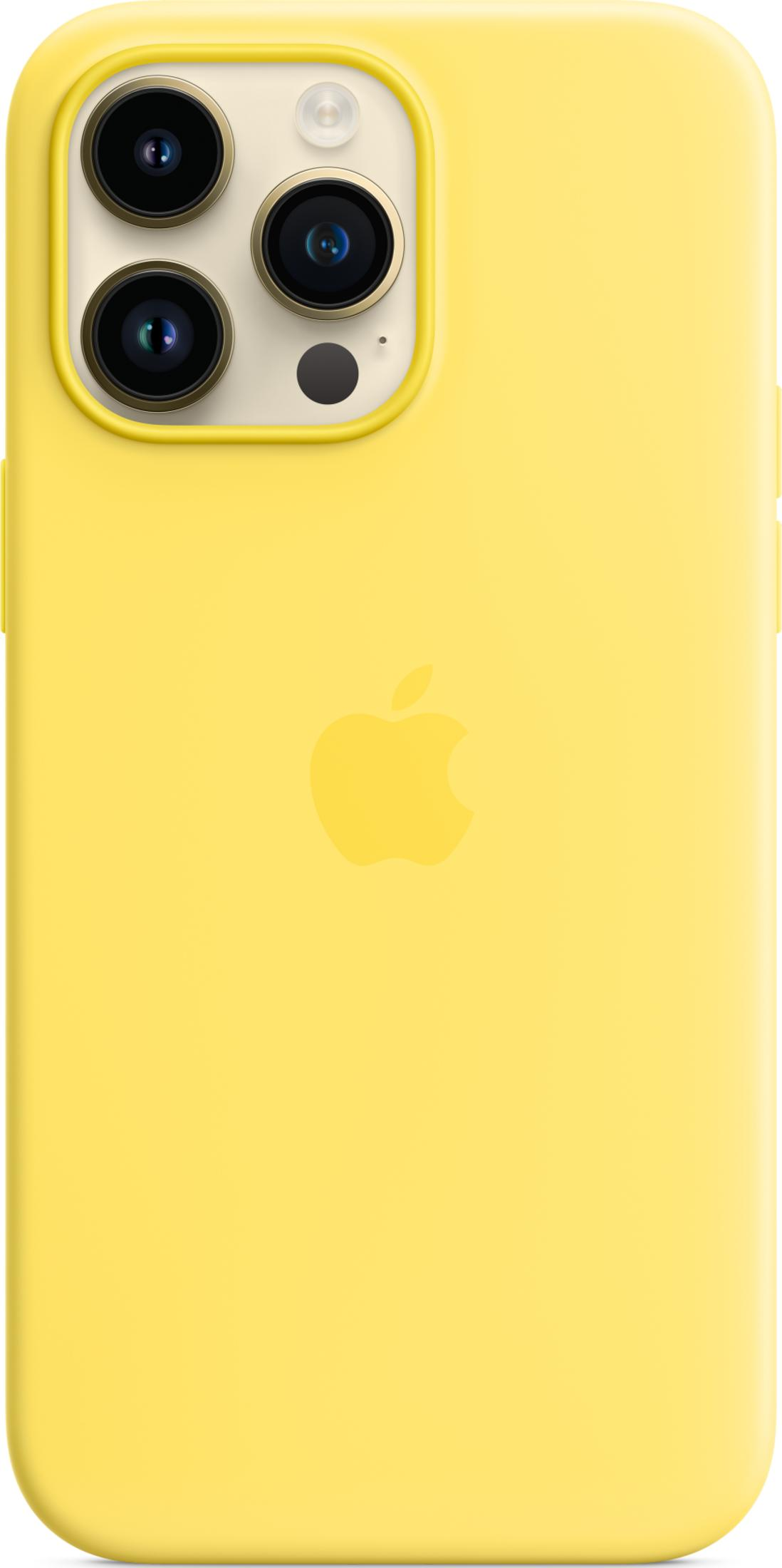Gelbes iPhone-Case mit Apple-Logo und Dreifachkamera-Ausschnitt.