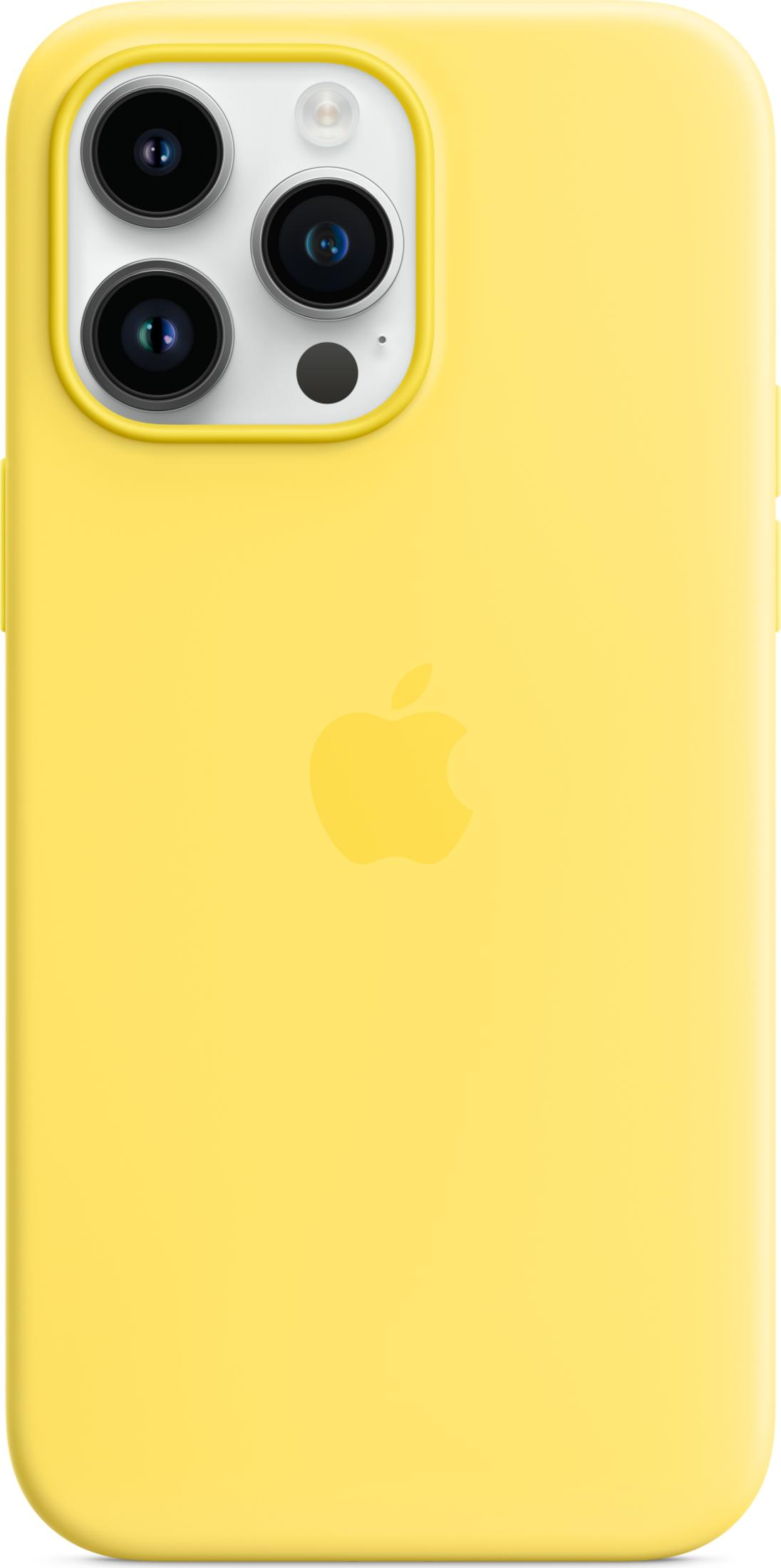 Eine gelbe Handyhülle mit einem Apple-Logo und einer dreifachen Kamera.