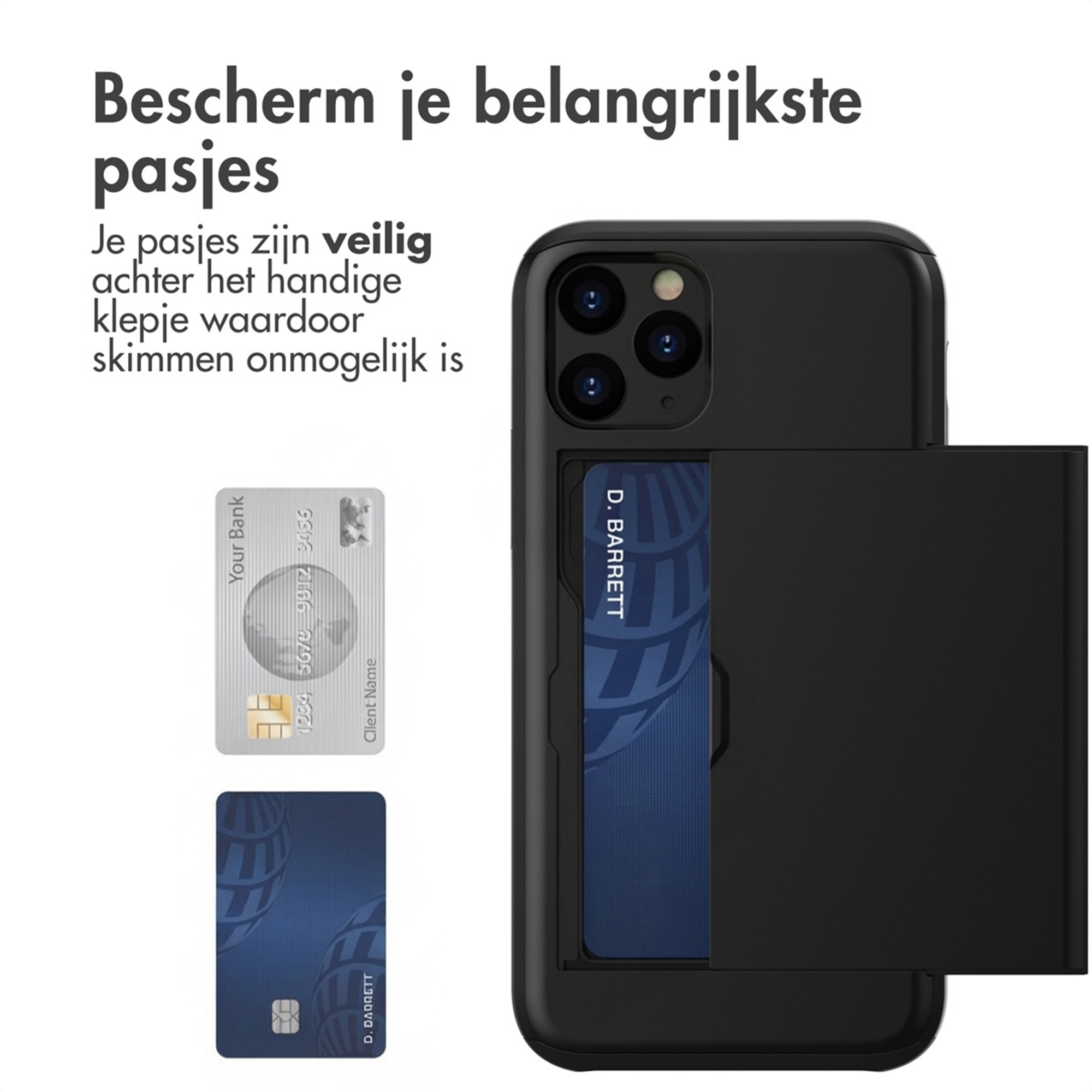 Custodia nera per telefono con slot per carte, mostra due carte di credito.