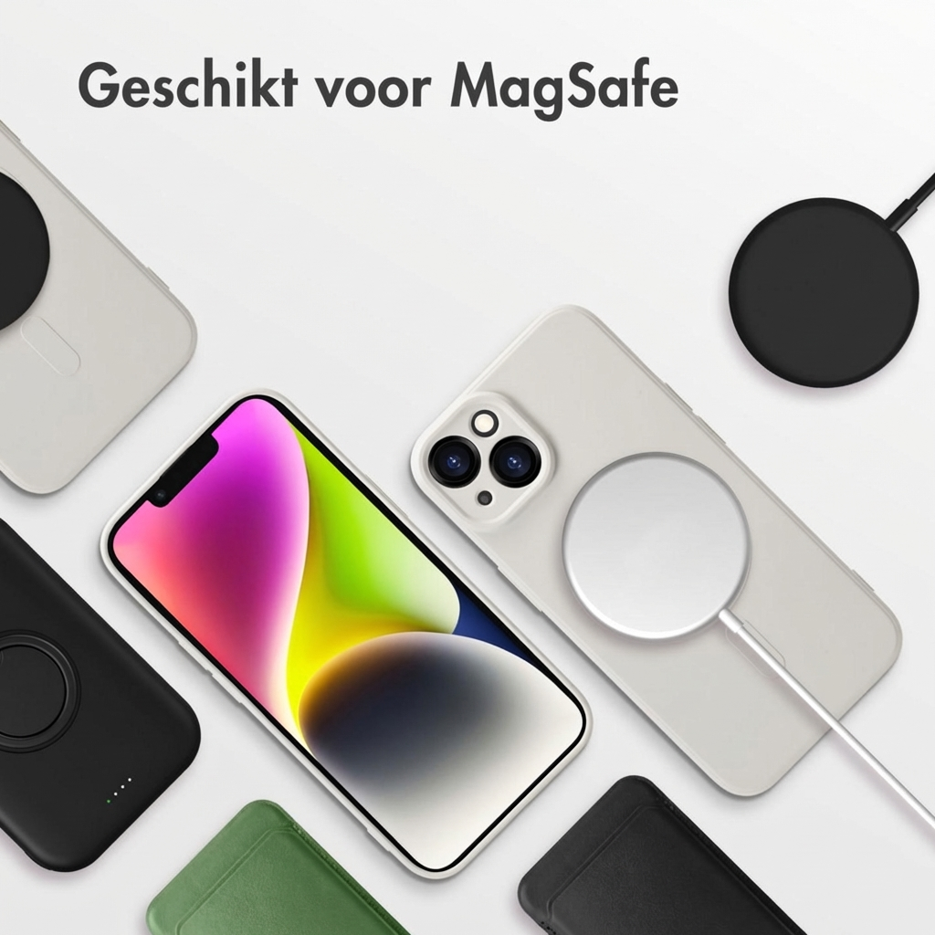 iPhone con caricatore MagSafe e custodie. Testo 'Geschikt voor MagSafe'.