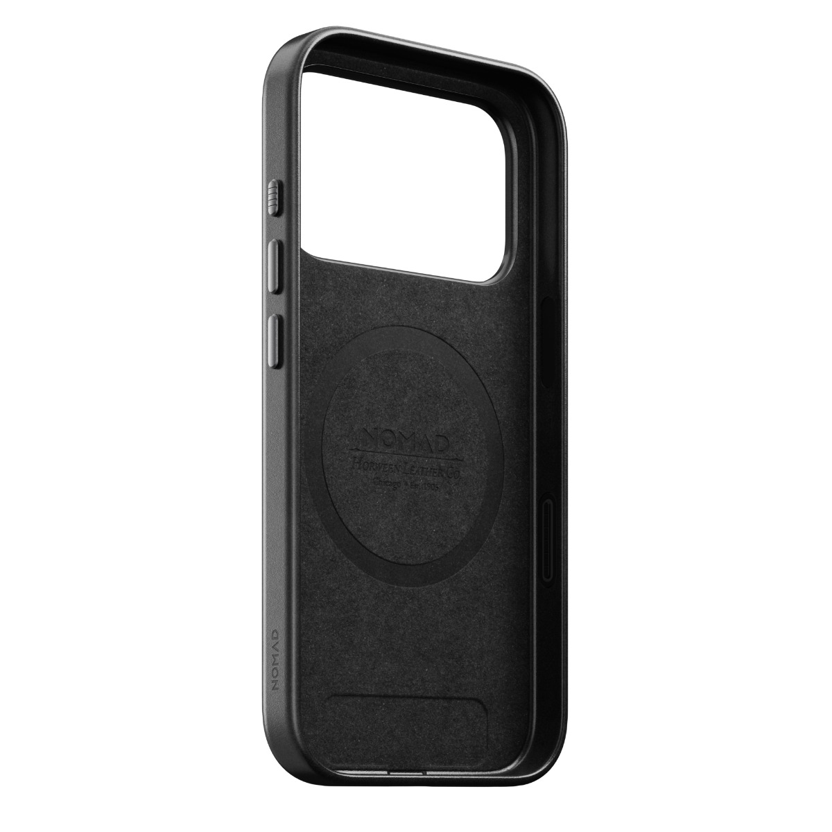 Czarne etui na telefon z logo "NOMAD" wewnątrz, na białym tle.