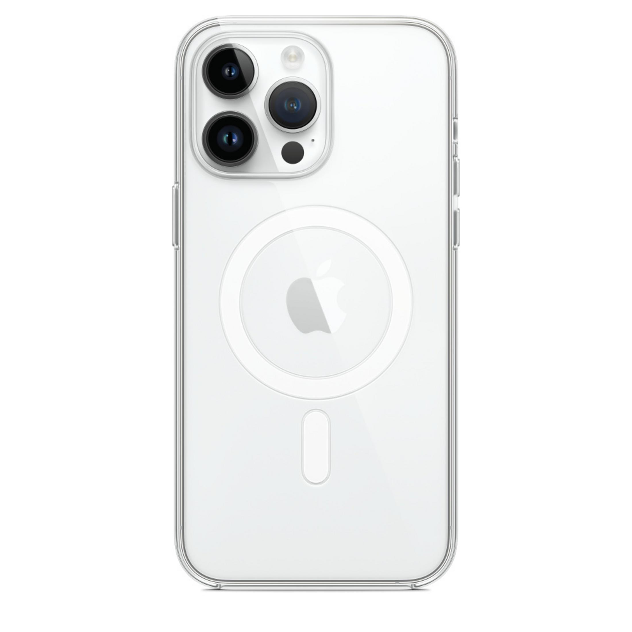 Achterkant van een doorzichtige iPhone-hoes met drievoudige camera en Apple-logo.