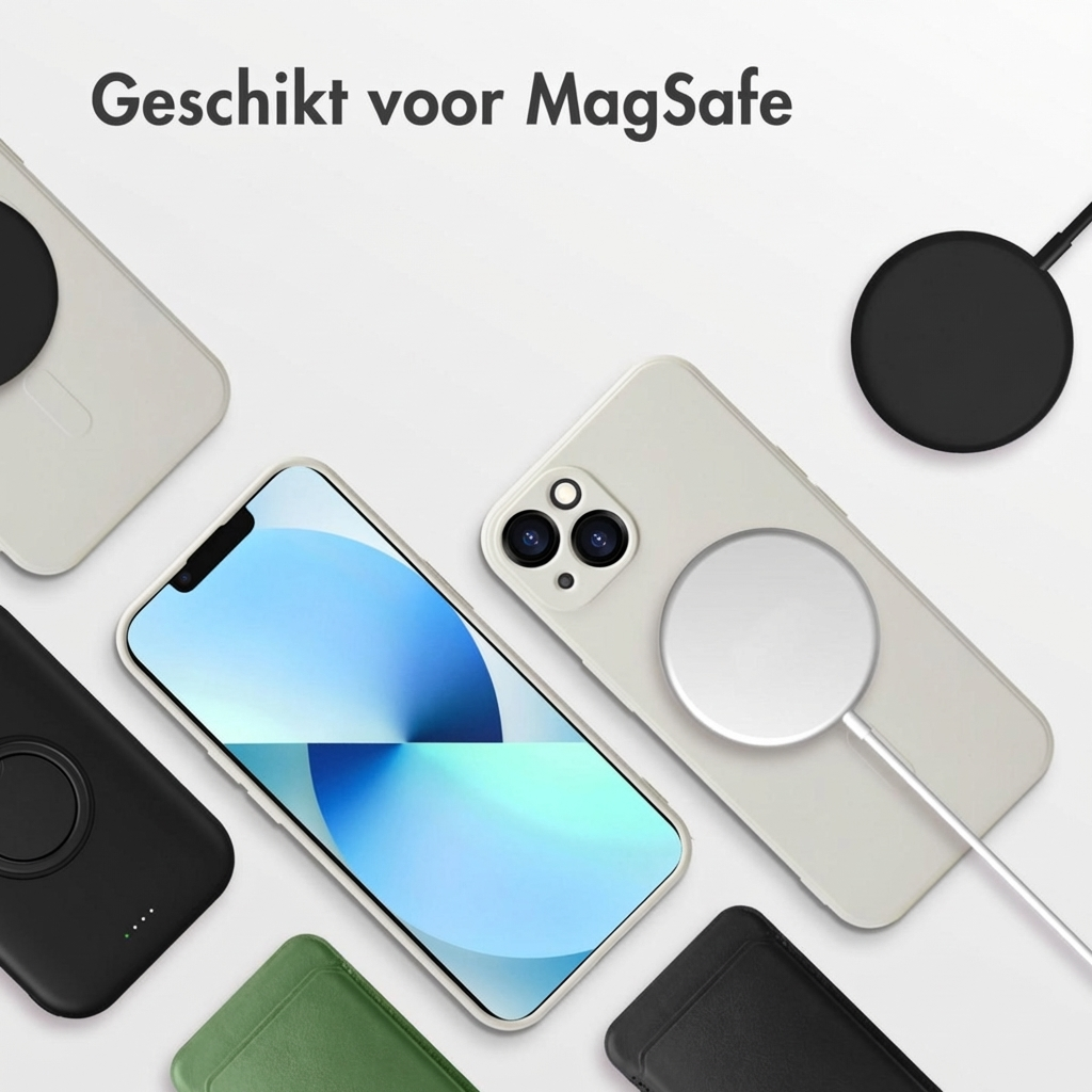 iPhone con caricabatterie e custodie MagSafe in vari colori.