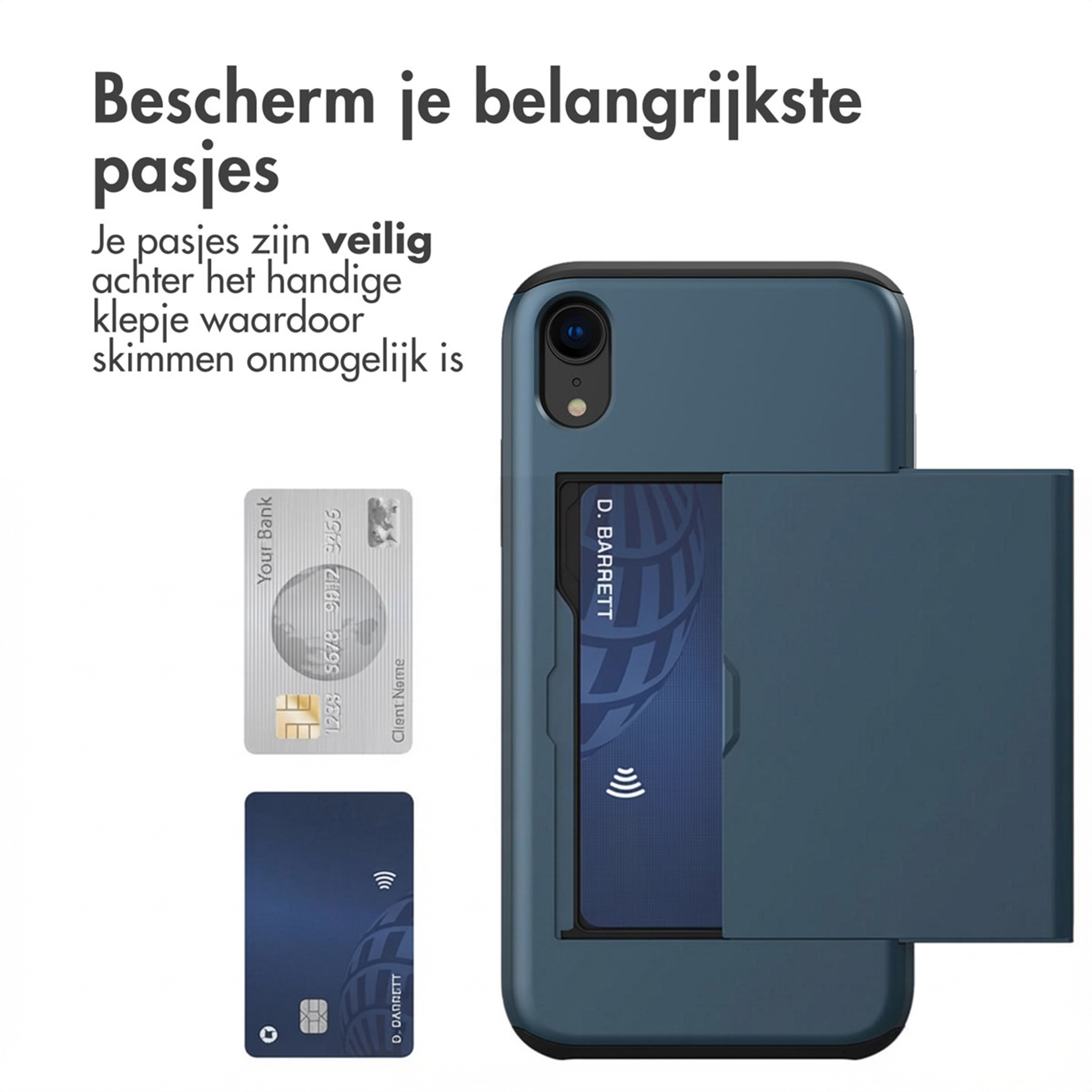 Una custodia blu per telefono con uno slot per carte, che mostra due carte di credito.