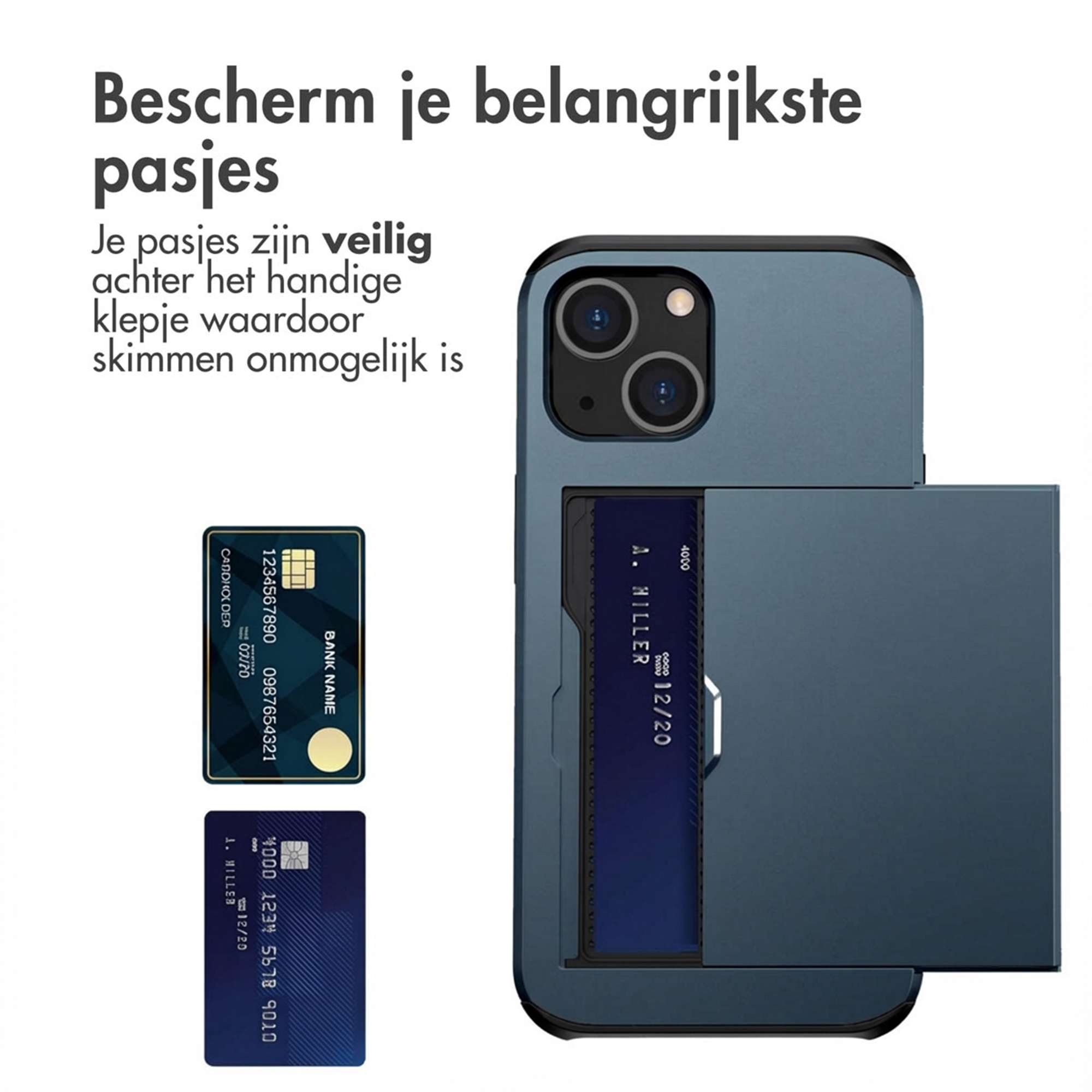 Una custodia blu per telefono con porta carte e due carte di esempio accanto.