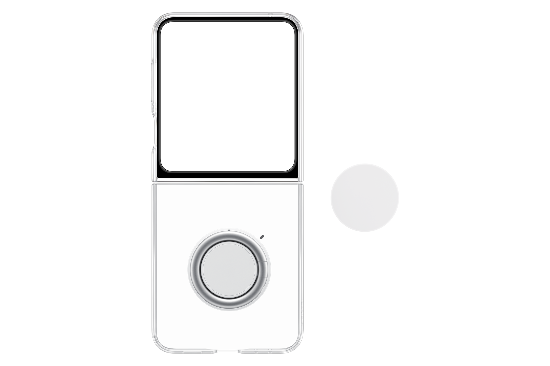 Un telefono pieghevole bianco con schermo vuoto, accanto a un cerchio bianco.