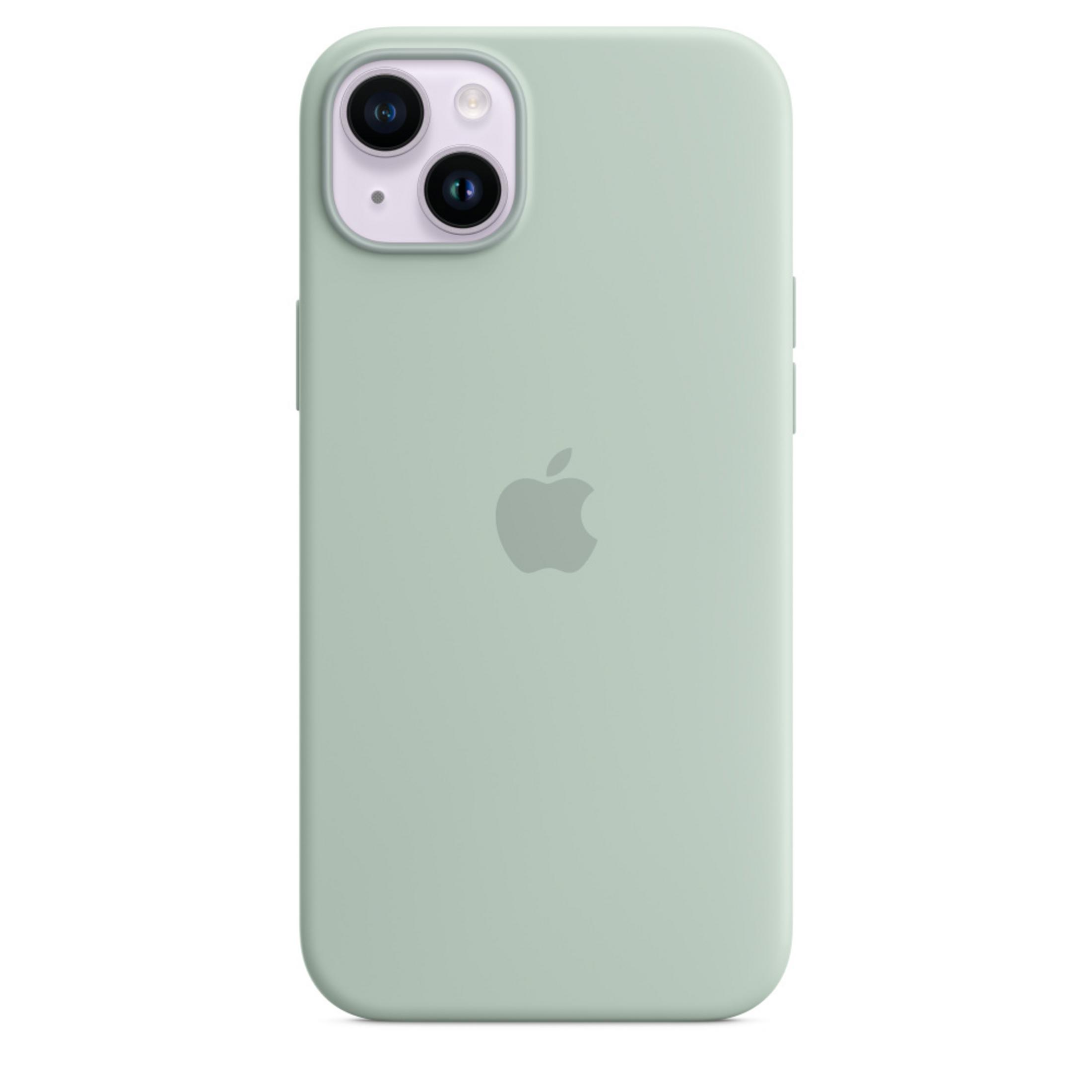 Ein hellgrünes iPhone mit doppelter Rückkamera und Apple-Logo.