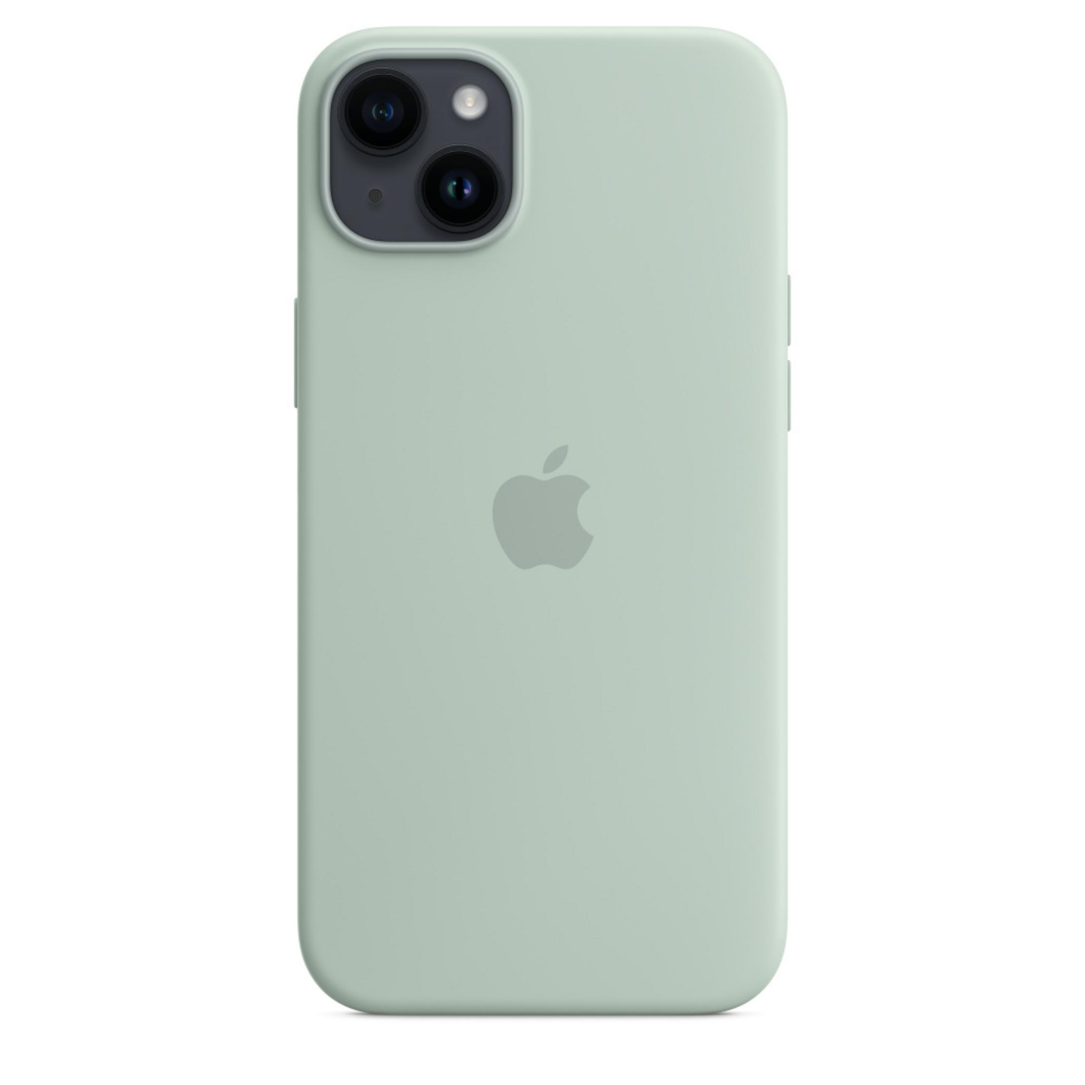 Rückseite eines hellgrünen iPhone-Etuis mit Apple-Logo und zwei Kameras.