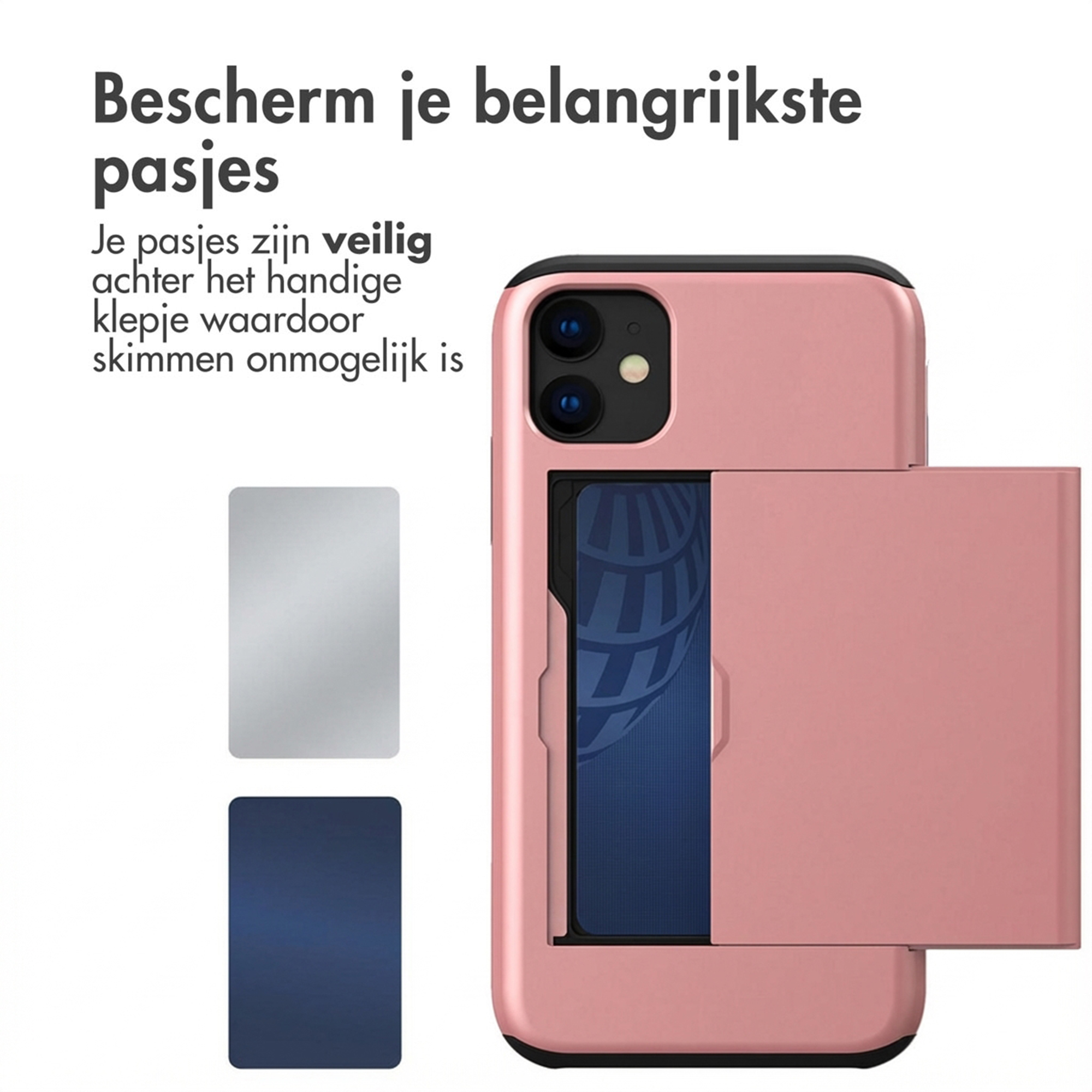 Une coque de téléphone rose avec un emplacement pour carte et deux cartes d'exemple à côté.