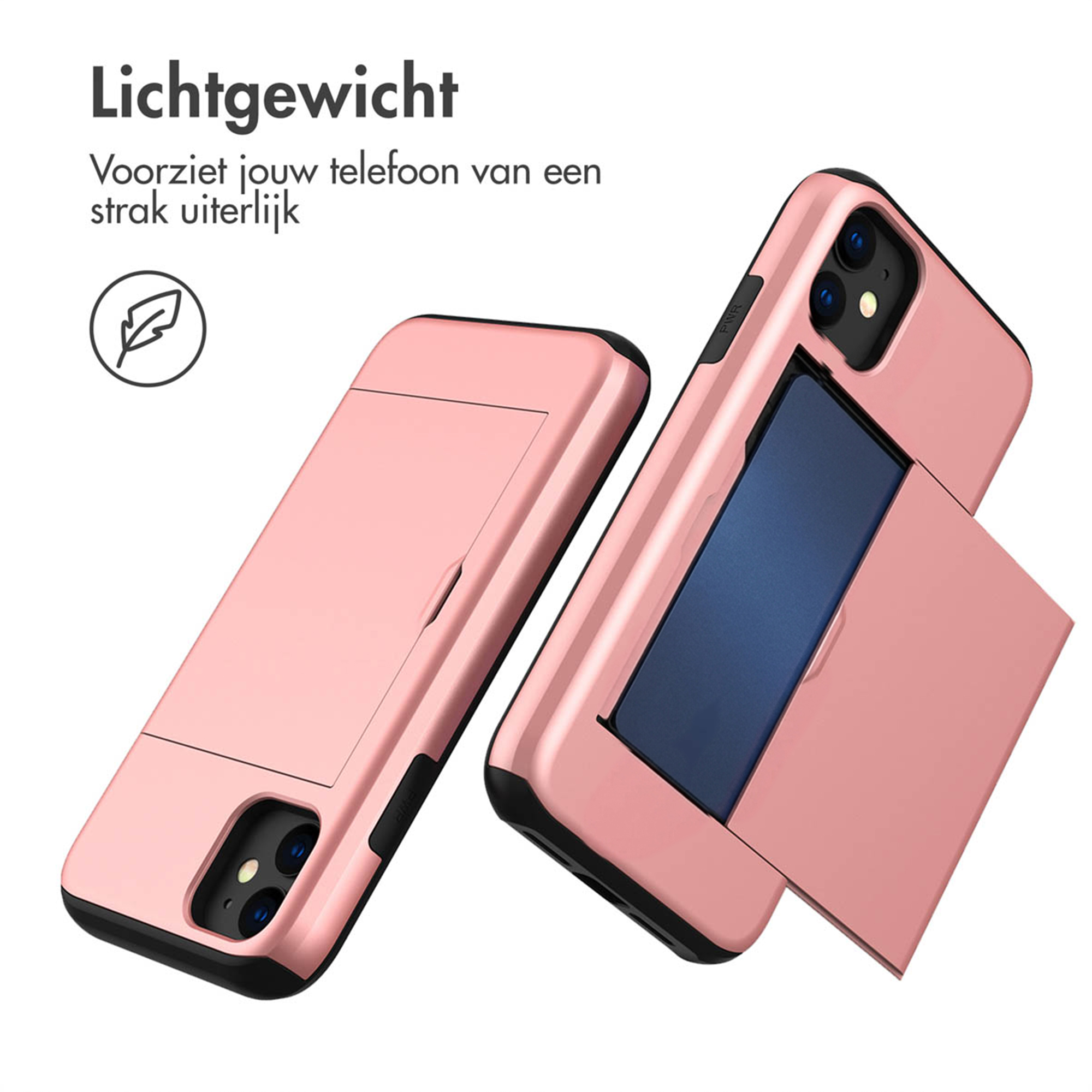 Deux coques de téléphone or rose avec porte-cartes, une ouverte, sur fond blanc.