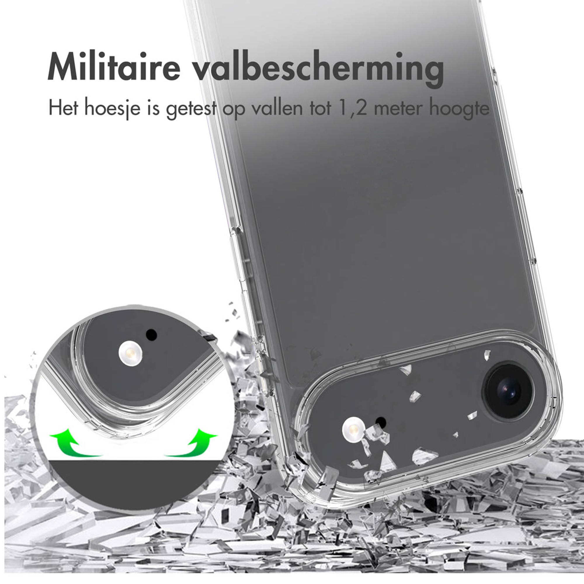 Custodia trasparente per telefono con protezione anticaduta di livello militare, con frecce che mostrano l'assorbimento degli urti.