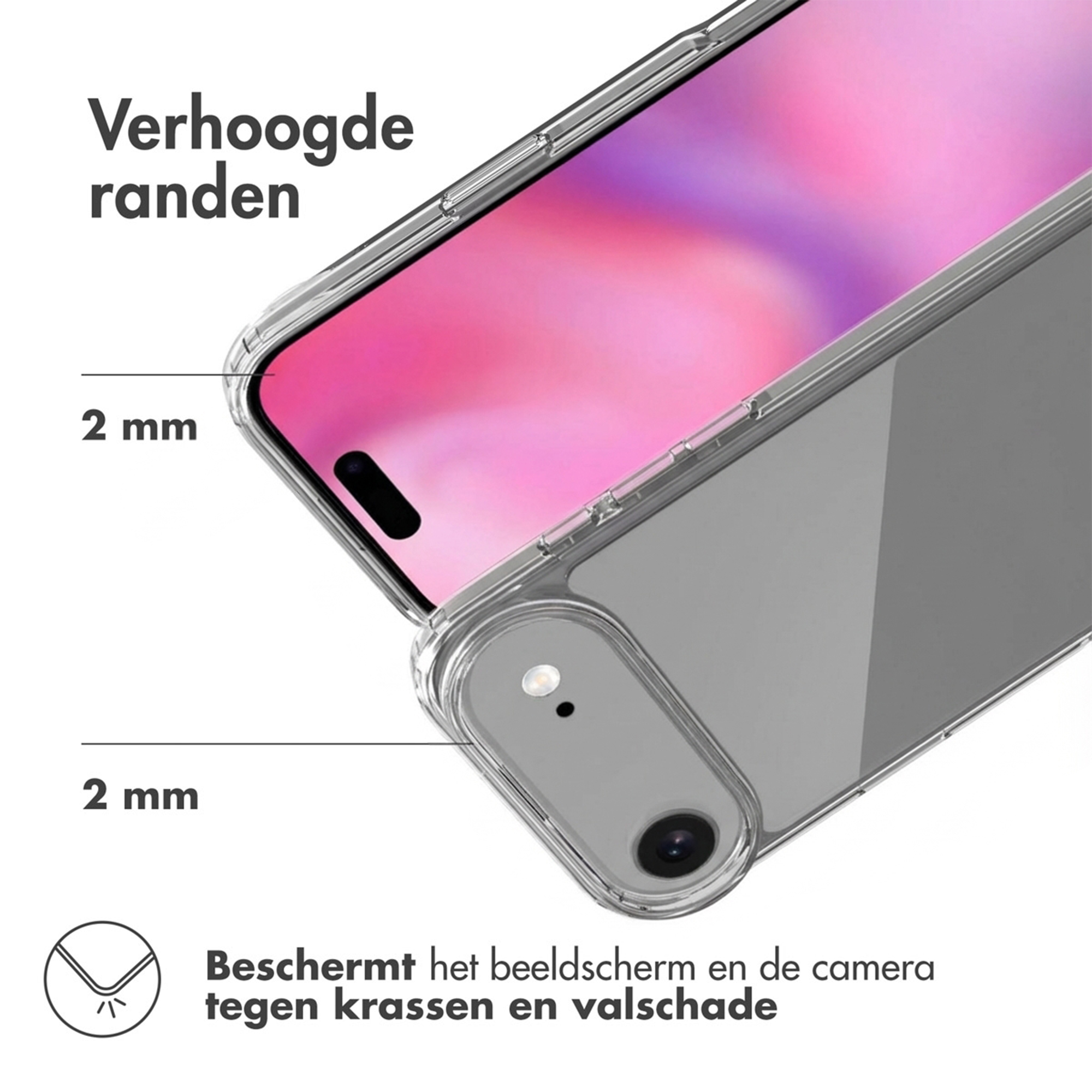 Bordi rialzati di una custodia trasparente per telefono che mostrano 2 mm di protezione.