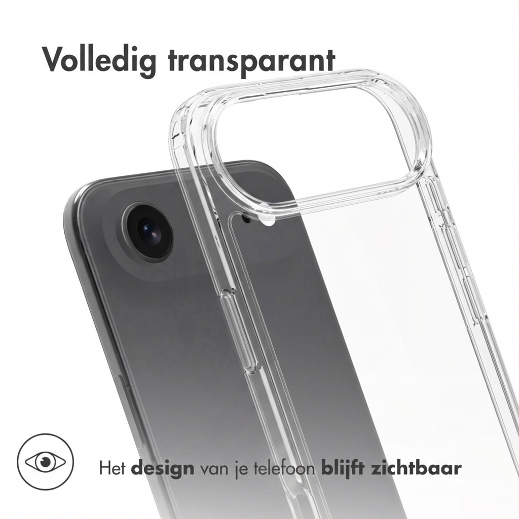 Una custodia trasparente su uno smartphone scuro. Il testo dice: Volledig transparant.