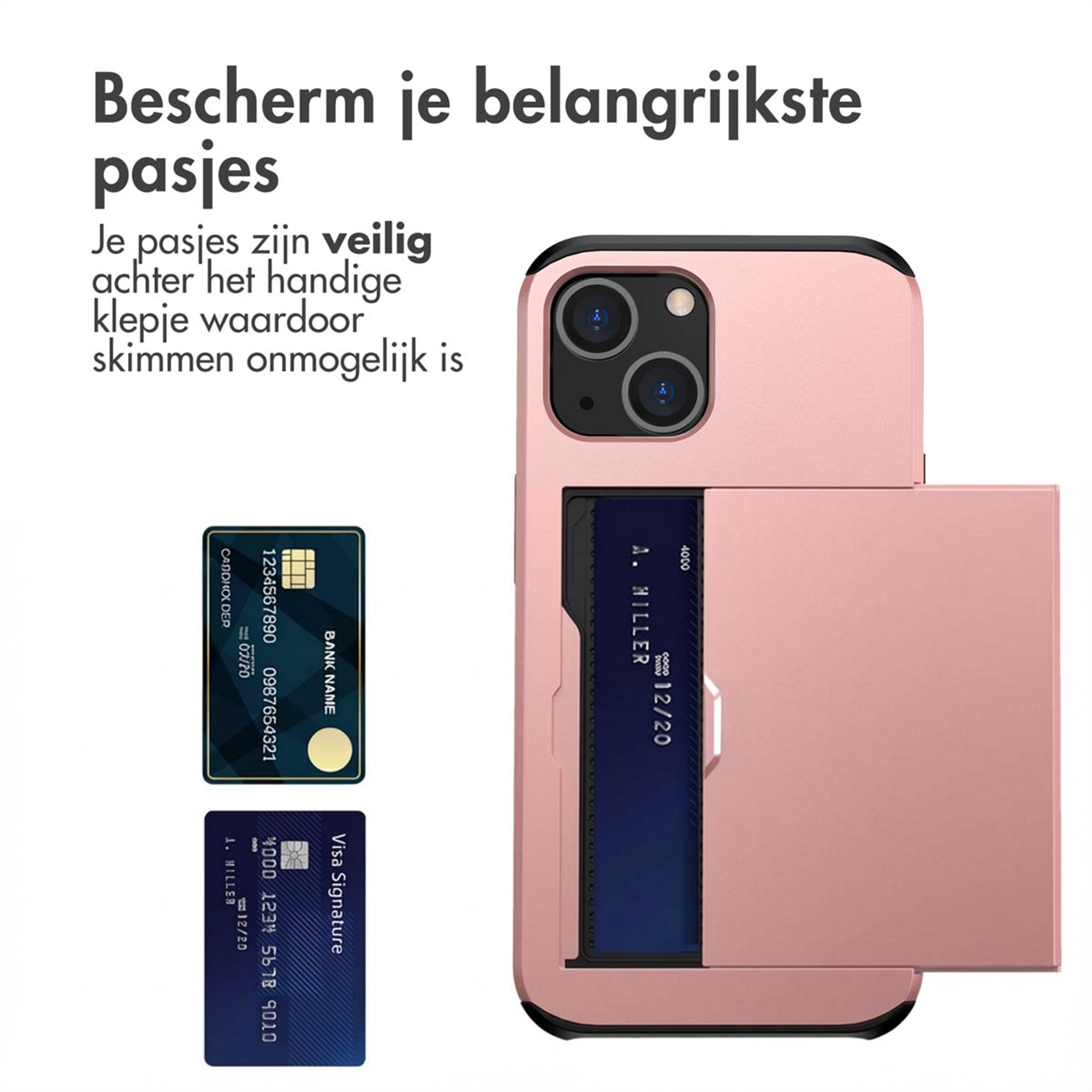 Een roségouden telefoonhoes met kaarthouder toont twee creditcards.