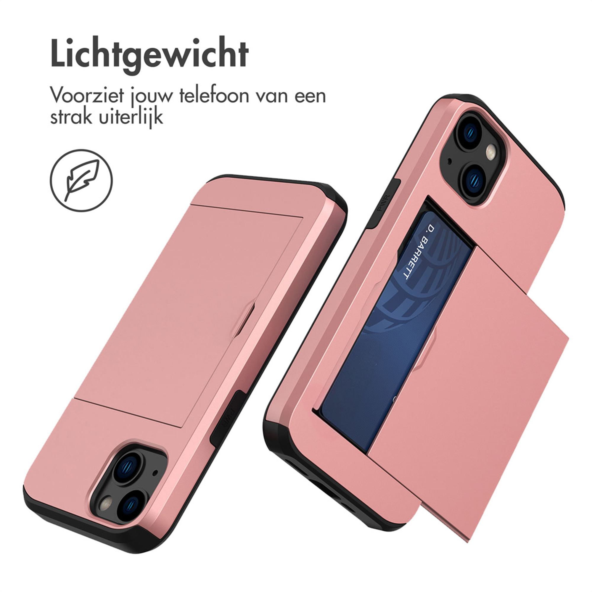 Twee roségouden telefoonhoesjes met kaartsleuven op witte achtergrond.
