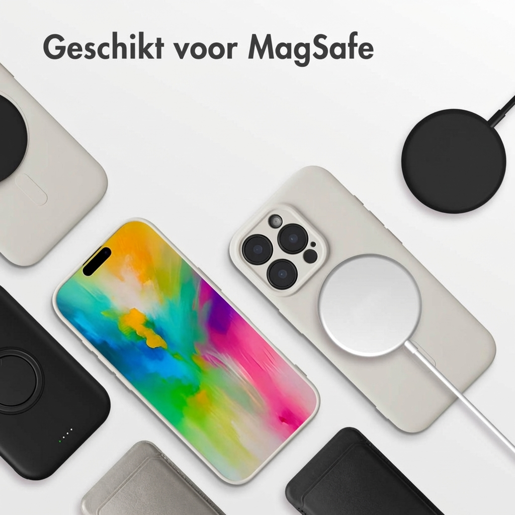 Diverse custodie per telefono e caricabatterie MagSafe su sfondo bianco.