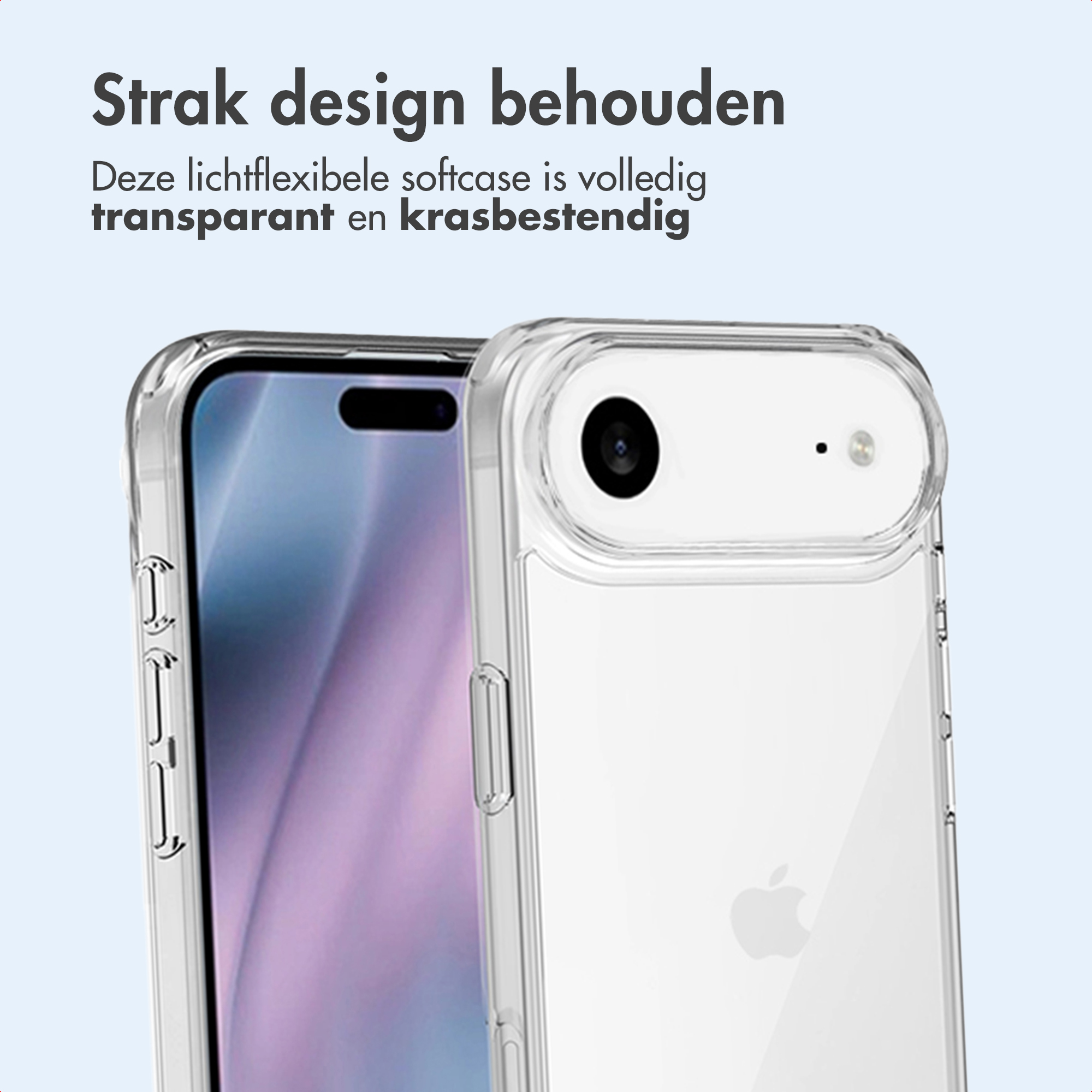 Una custodia trasparente protegge uno smartphone bianco con fotocamere.