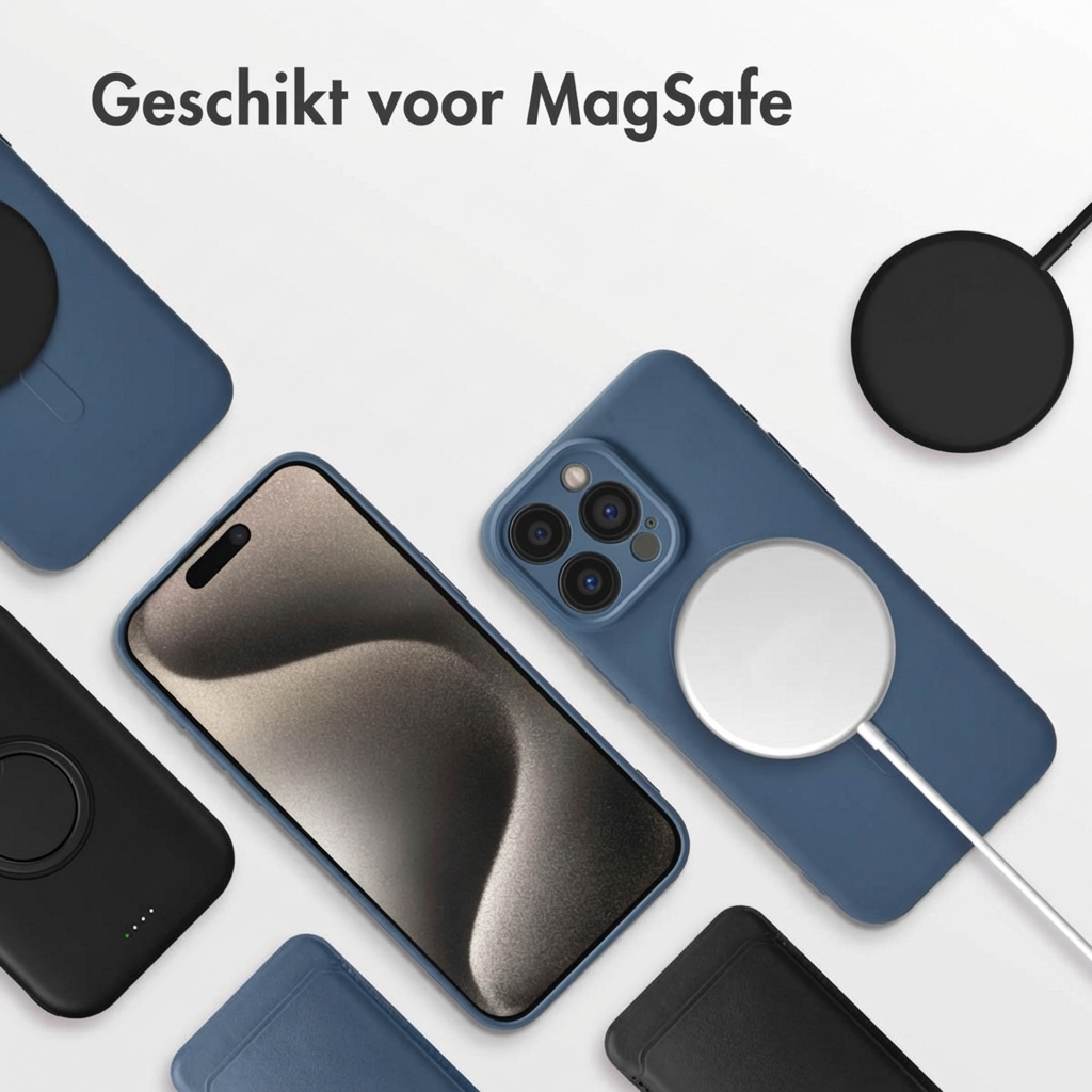 Diverse custodie per telefono blu e nere disposte attorno a un iPhone con caricabatterie MagSafe.