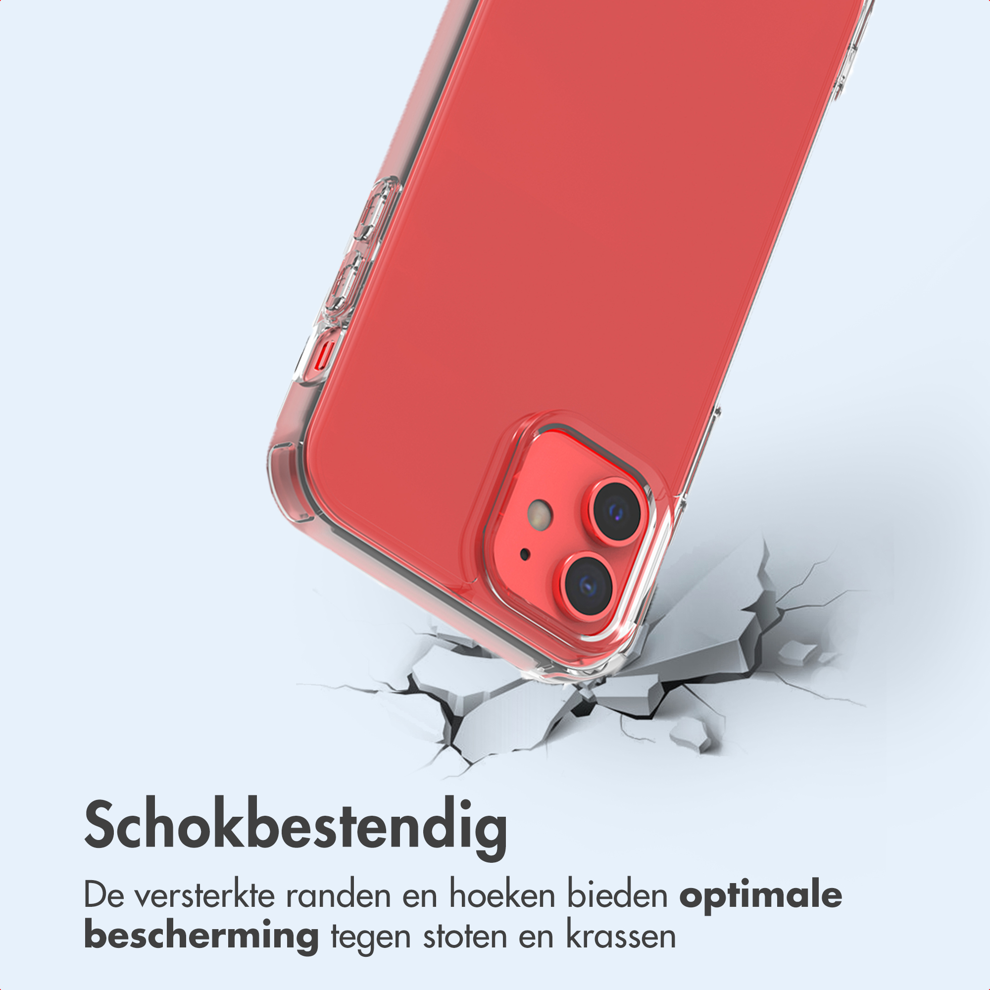 Smartphone rosso in custodia trasparente che sfonda superficie grigia.