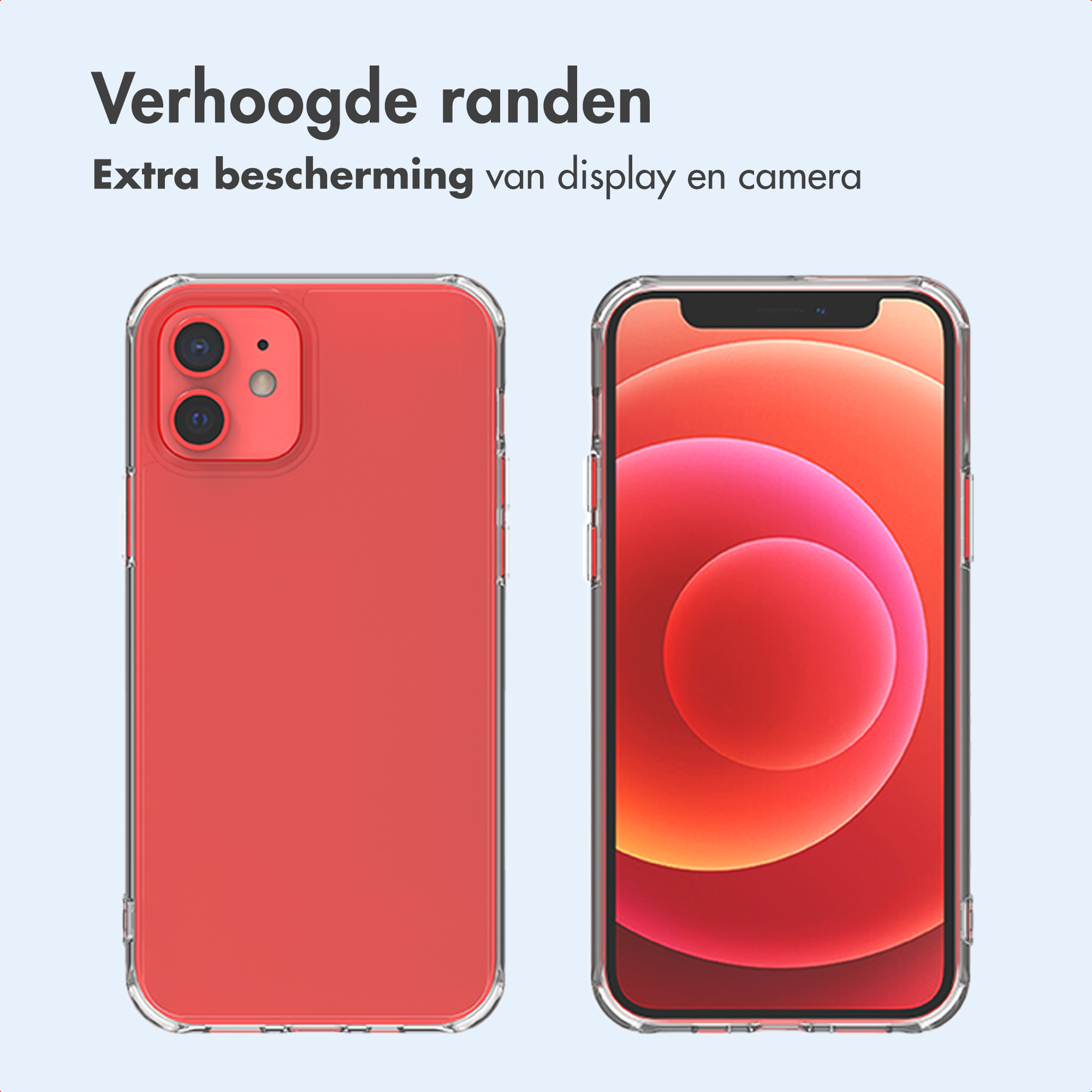 Retro e fronte del telefono rosso in custodia trasparente.