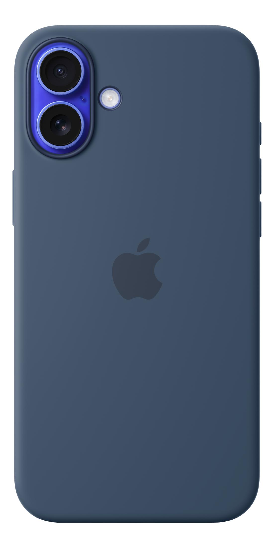 Granatowe etui z logo Apple i podwójnym aparatem.