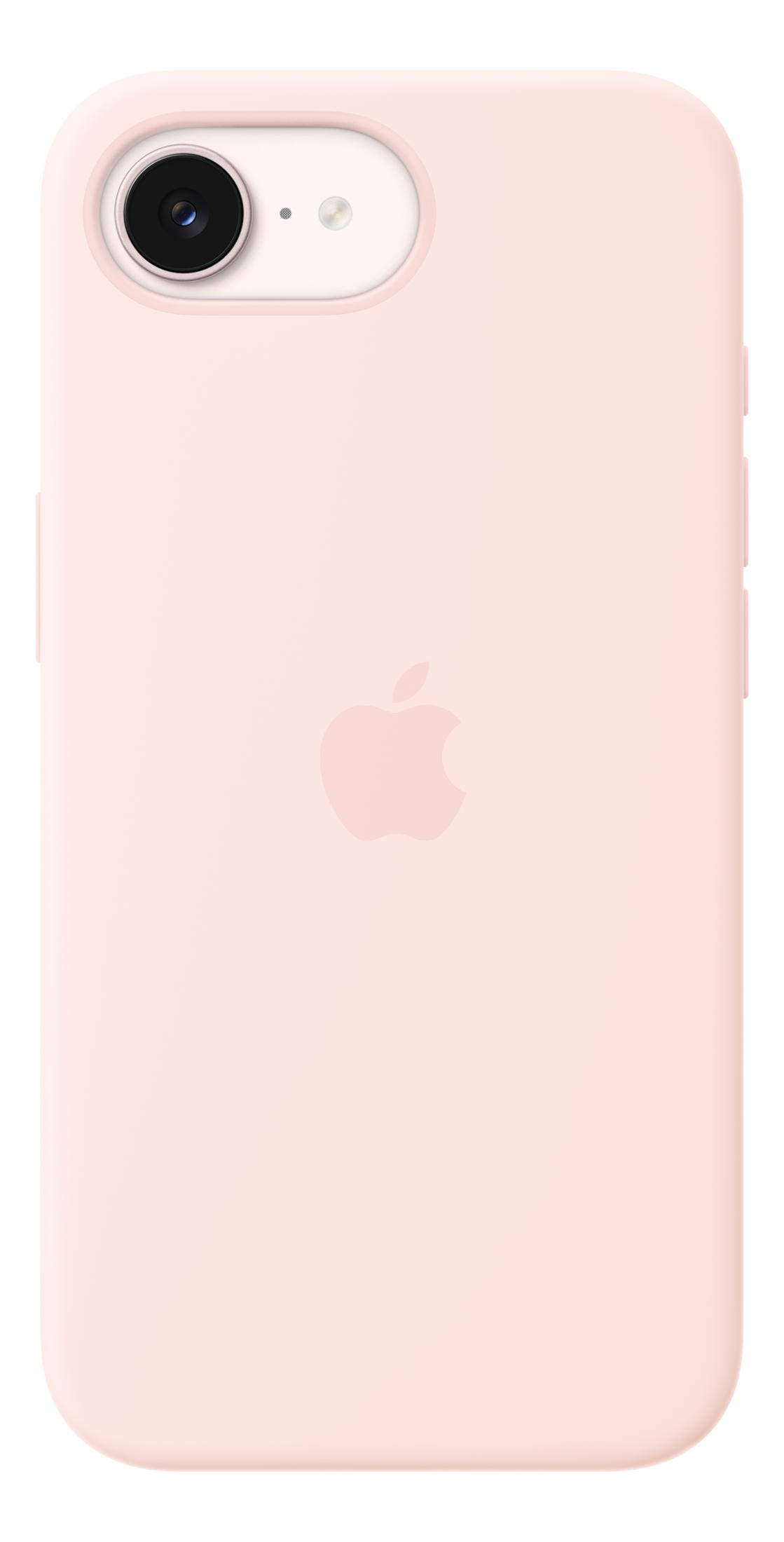 Una custodia rosa chiaro per iPhone con logo Apple e fotocamera.