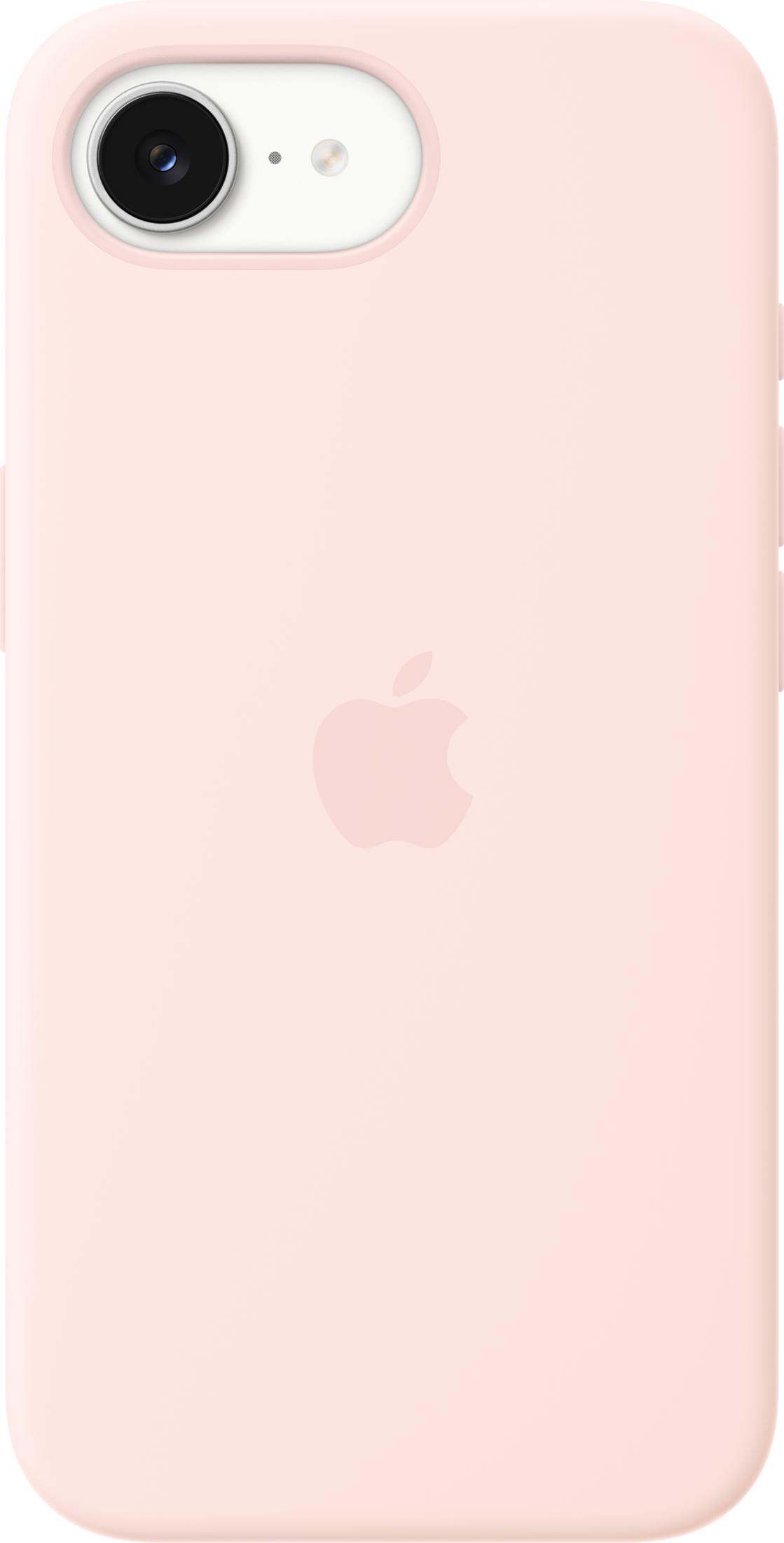 Una custodia rosa chiaro per iPhone con logo Apple e obiettivi.