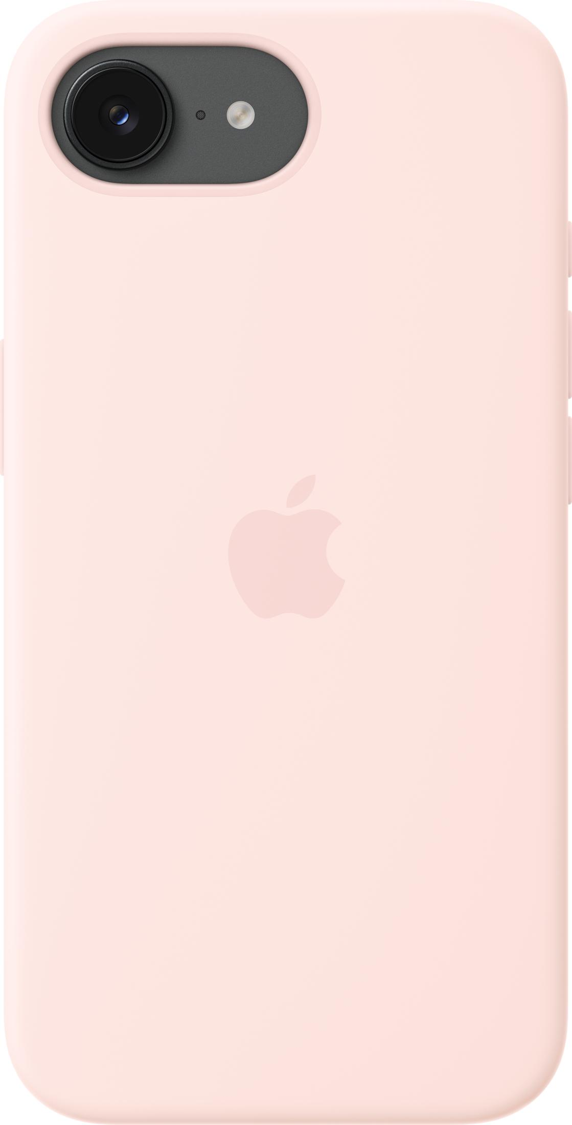 Una custodia rosa chiaro per iPhone con logo Apple e foro per fotocamera.