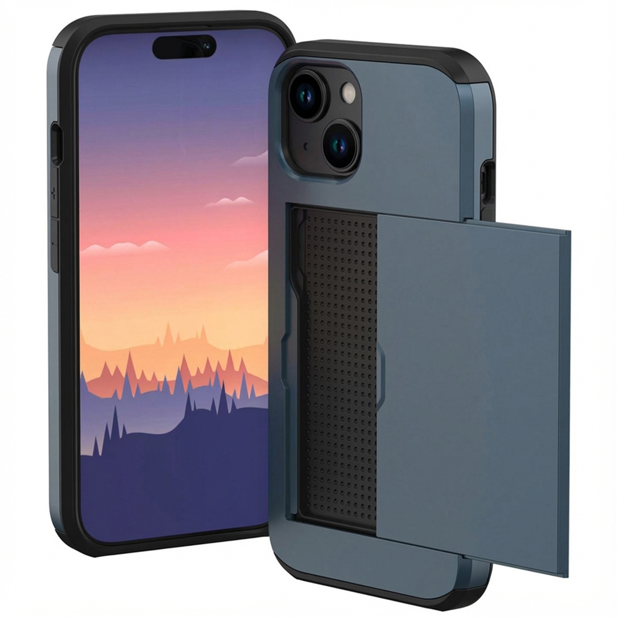 A blue phone with a back pocket and a mountain landscape on its screen.