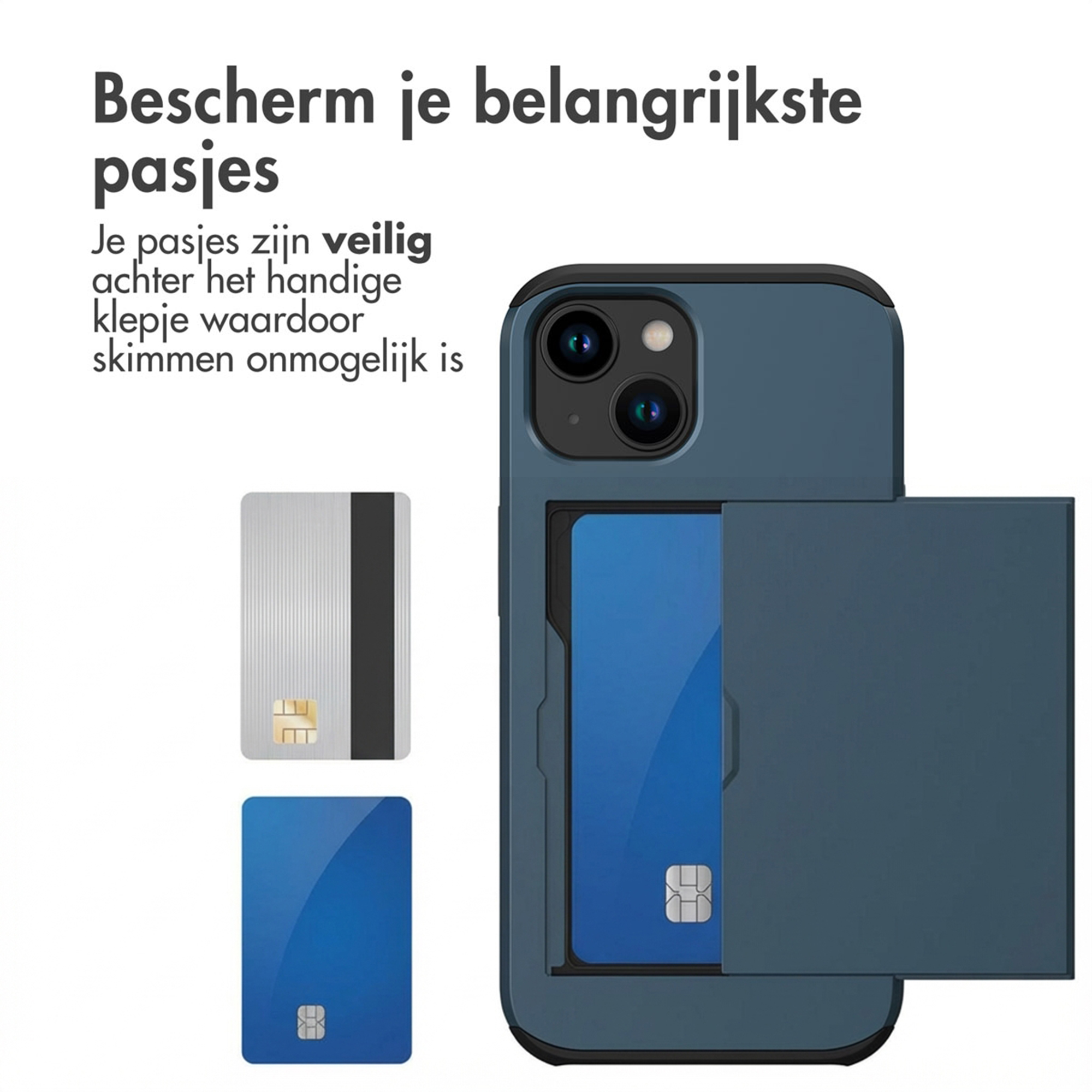Blue phone case with card slot. Features a silver and a blue card.