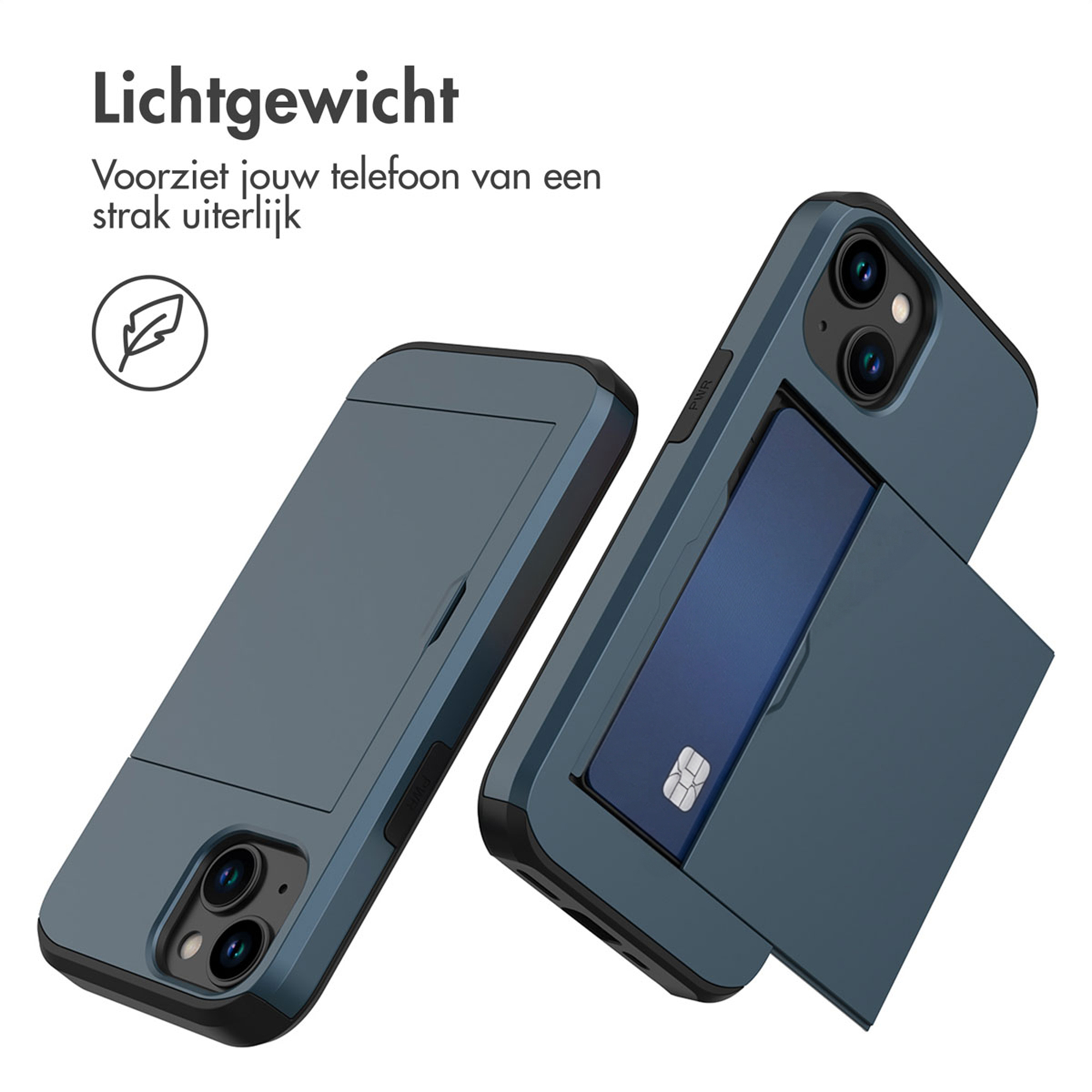 Two dark blue phone cases with card slots, one showing a card.