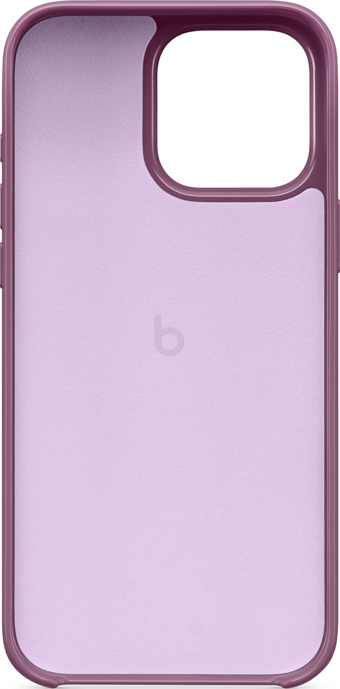 Funda morada para teléfono con recorte para cámara y logo.