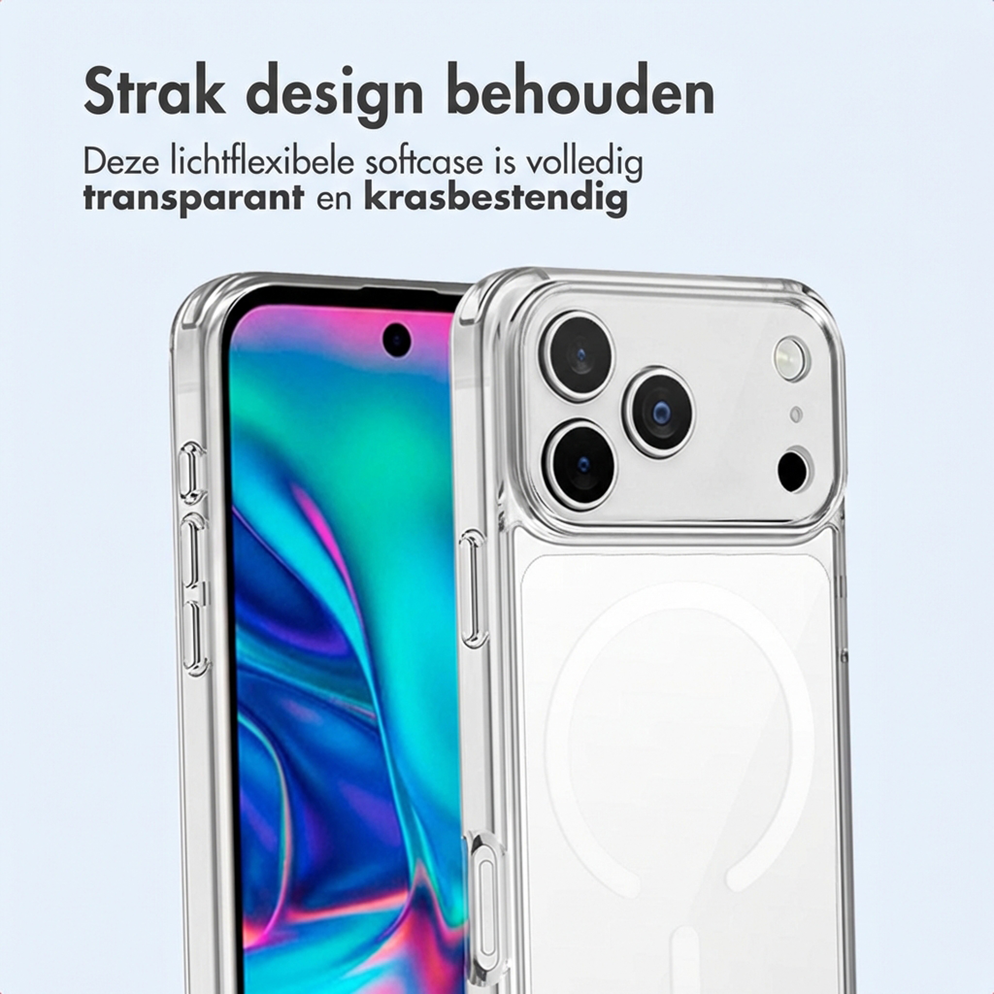 Custodia trasparente per telefono con lenti della fotocamera e sfondo elegante.