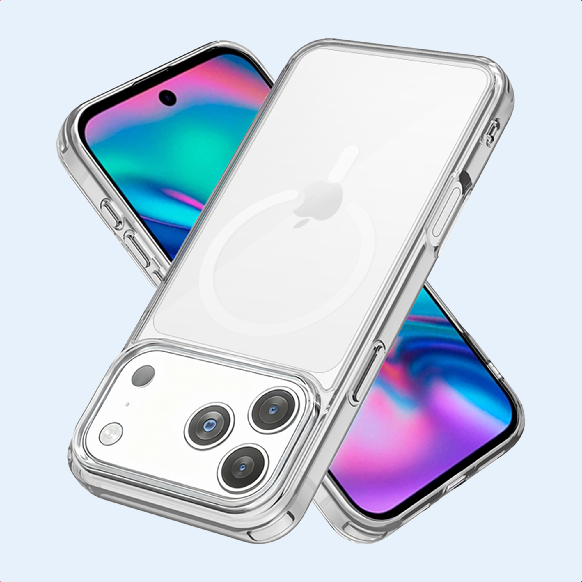 Due custodie trasparenti per telefono con iPhone, illuminazione di sfondo blu e viola.