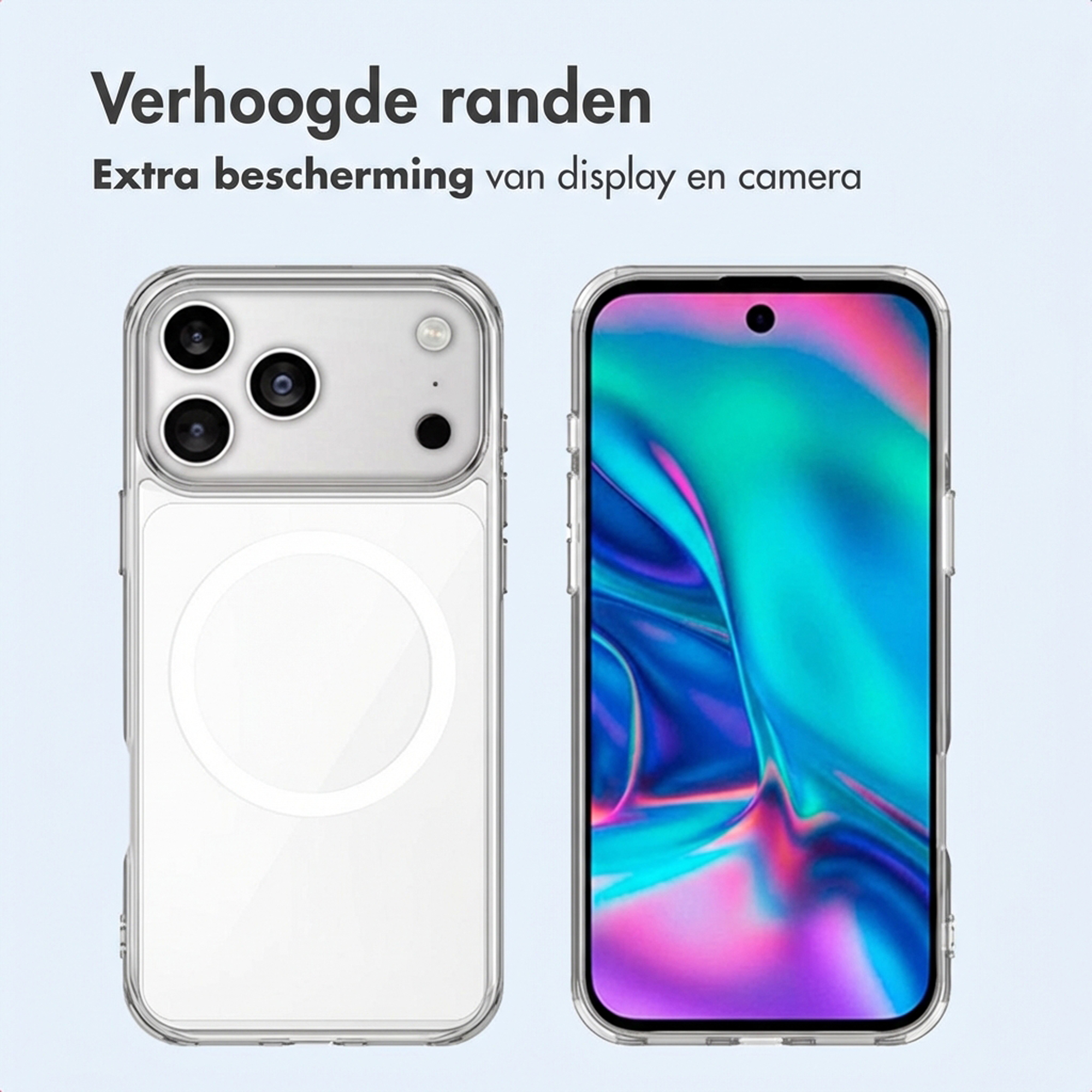 Cover trasparenti per telefono con bordi rialzati per protezione schermo e fotocamera.