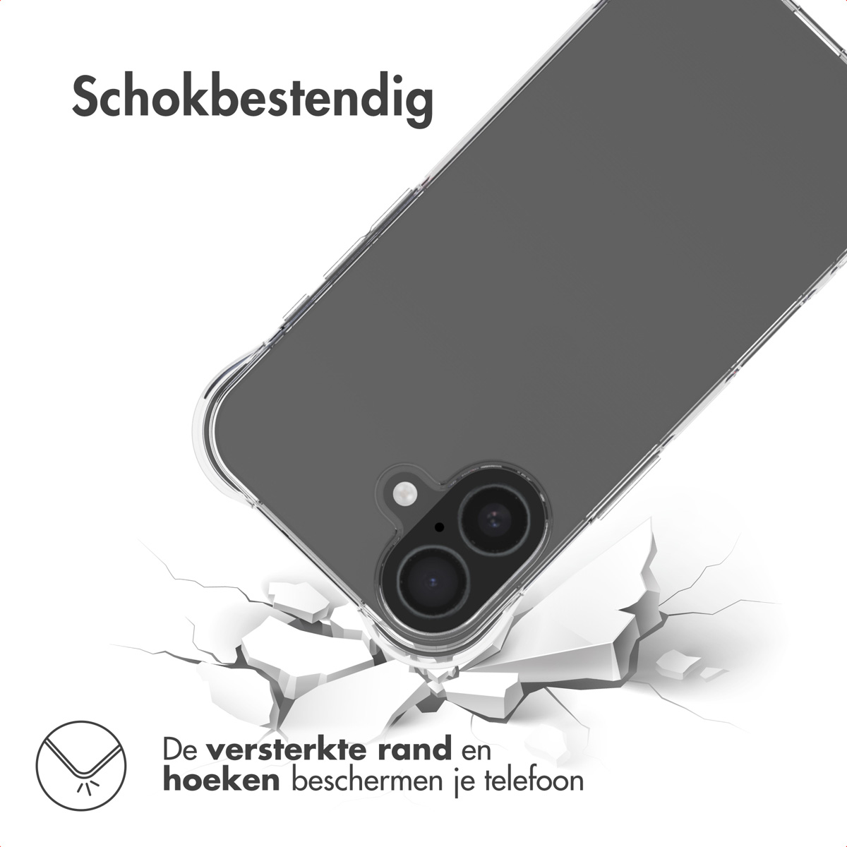 Een doorzichtige telefoonhoes valt op gebarsten grond.