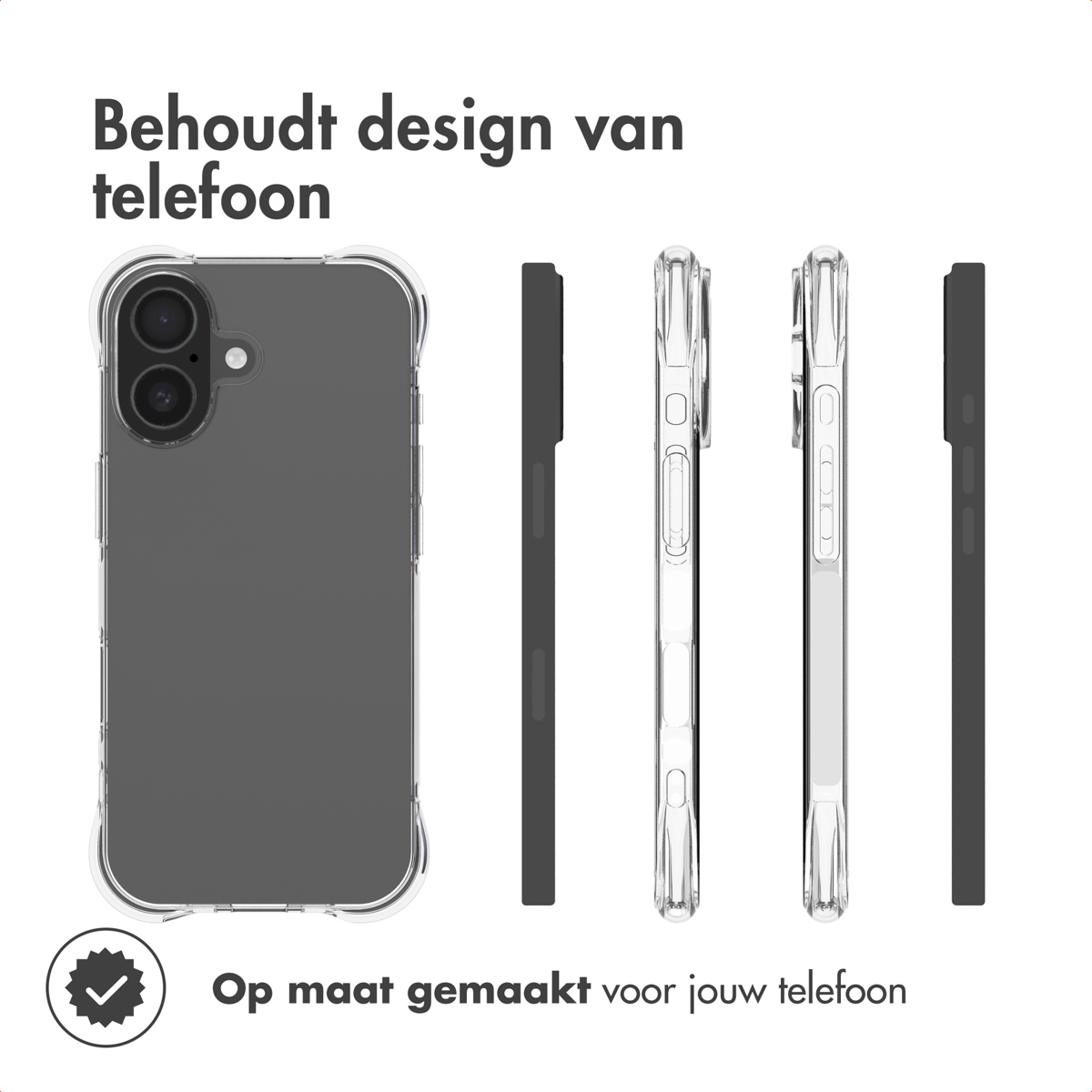 Doorzichtige telefoonhoes die het ontwerp behoudt. Vooraanzicht links, zijaanzichten rechts.