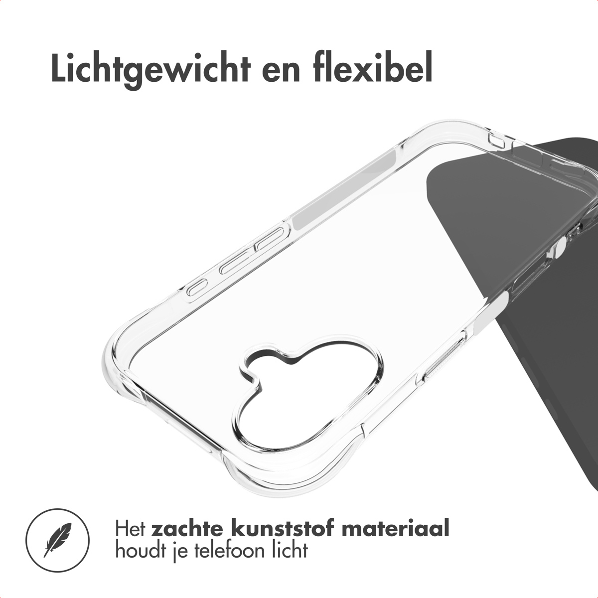 Transparante telefoonhoes van zacht plastic, licht en flexibel.