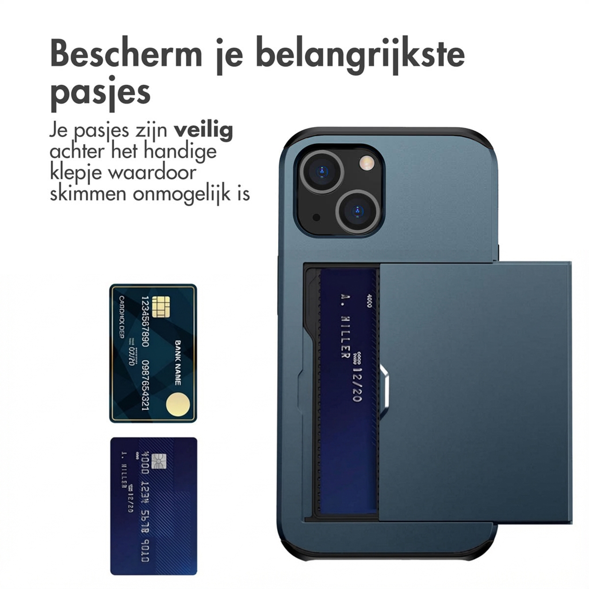 Blauw telefoonhoesje met kaarthouder en twee voorbeeldkaarten ernaast.