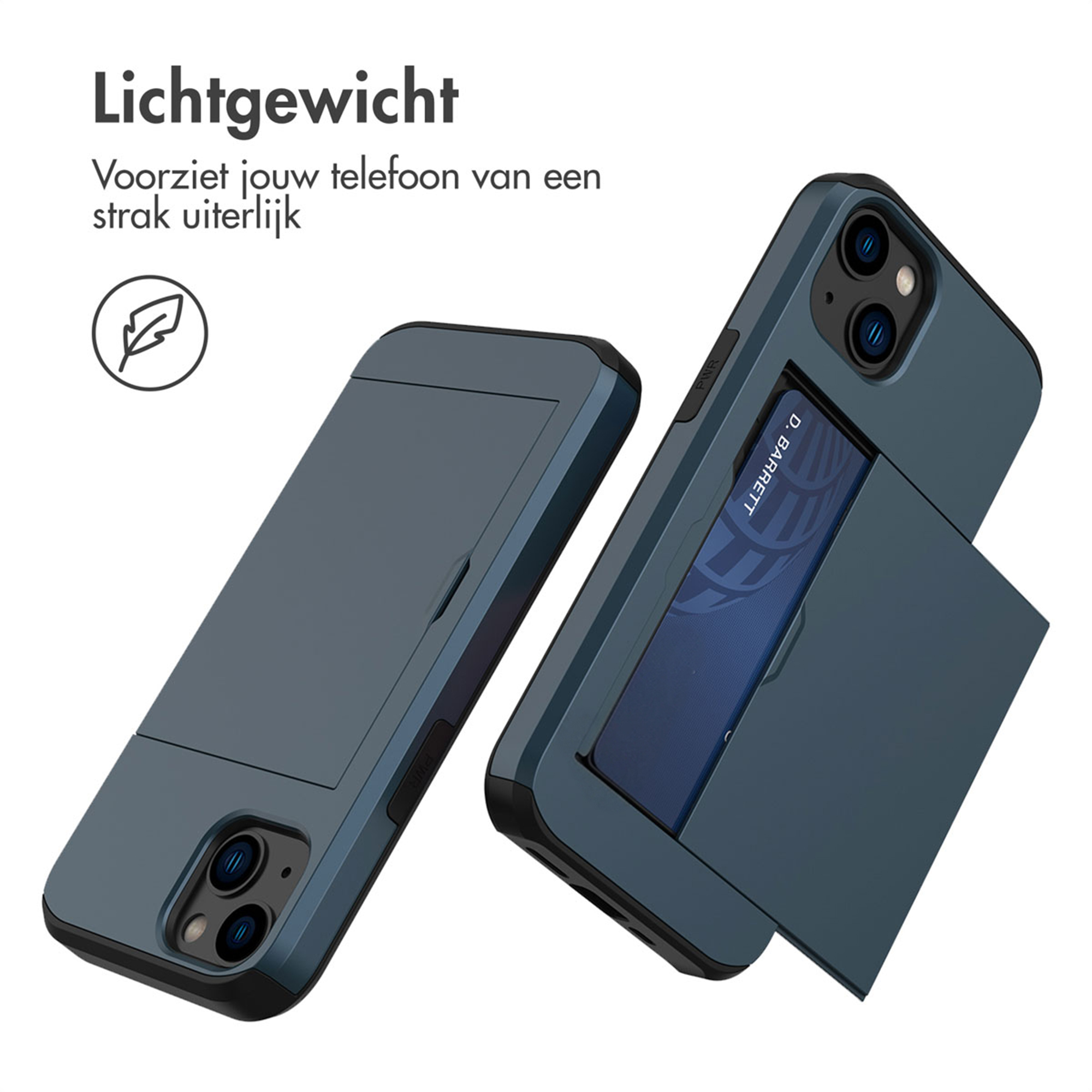 Twee donkerblauwe telefoonhoesjes met kaarthouder, één met uitgetrokken klep.