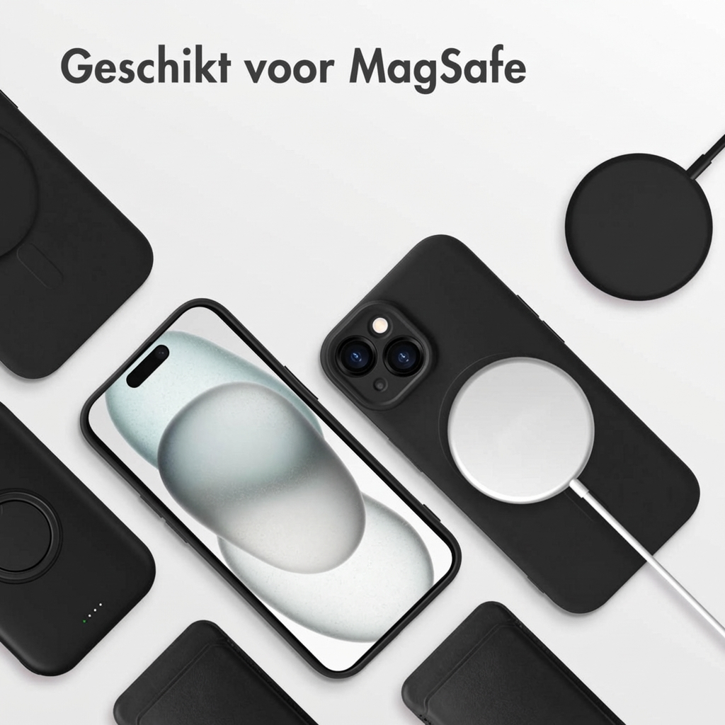 Black phone cases and MagSafe chargers on a white background.