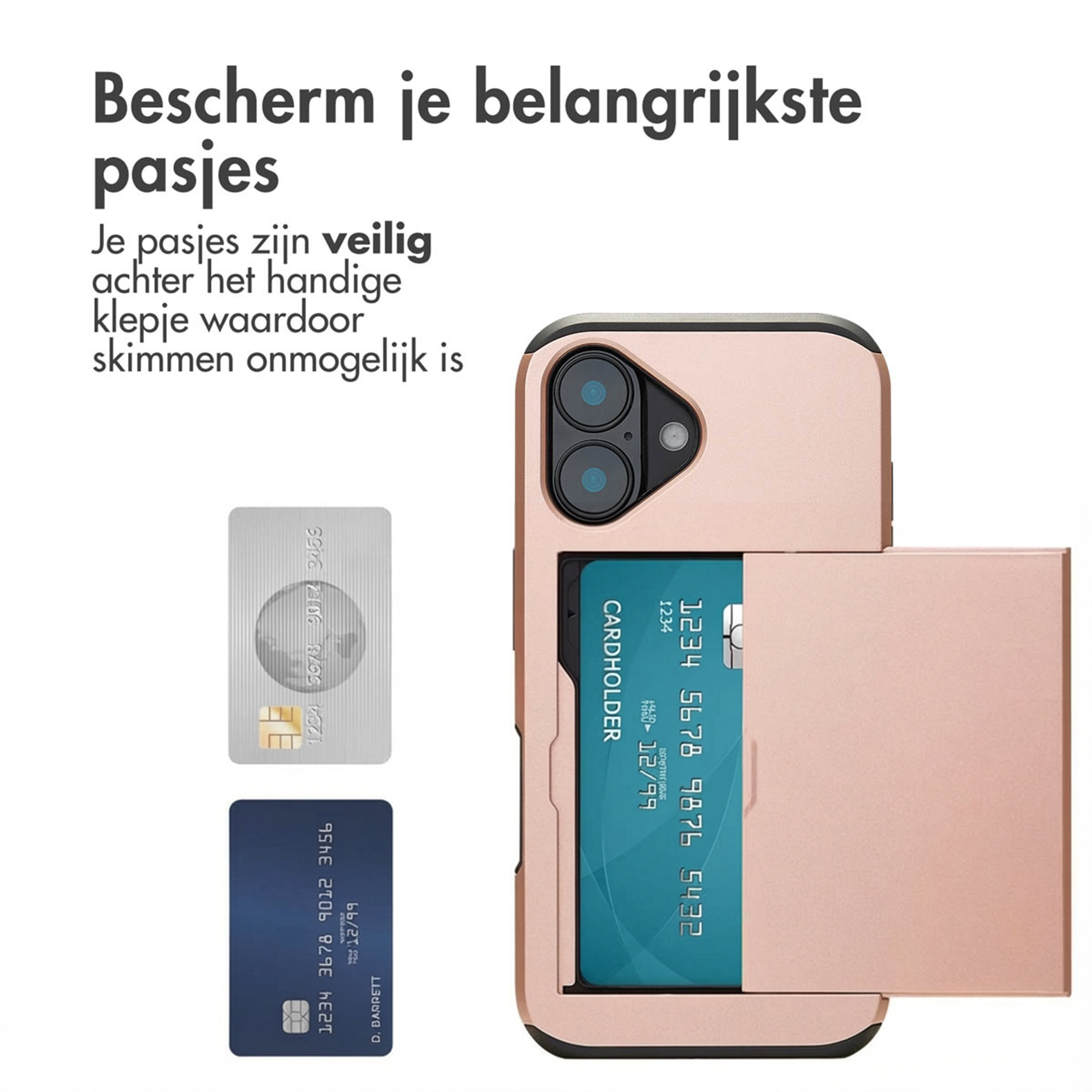 Una custodia per telefono in oro rosa con portacarte espone carte di credito.