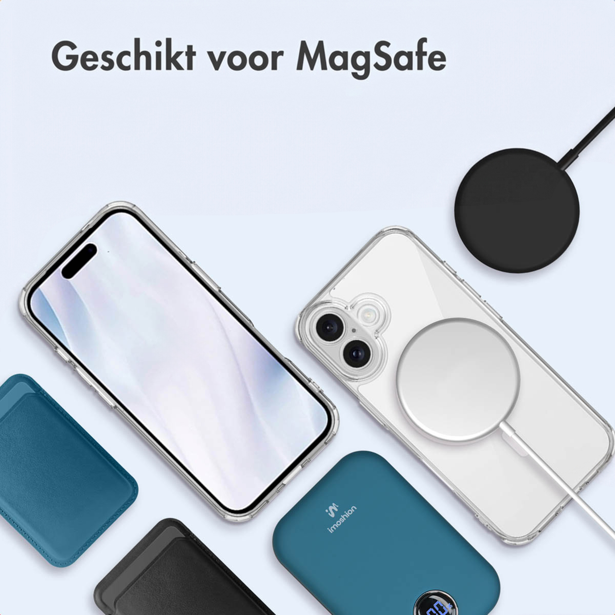 Uno smartphone con caricabatterie MagSafe, custodia, power bank e porta carte.