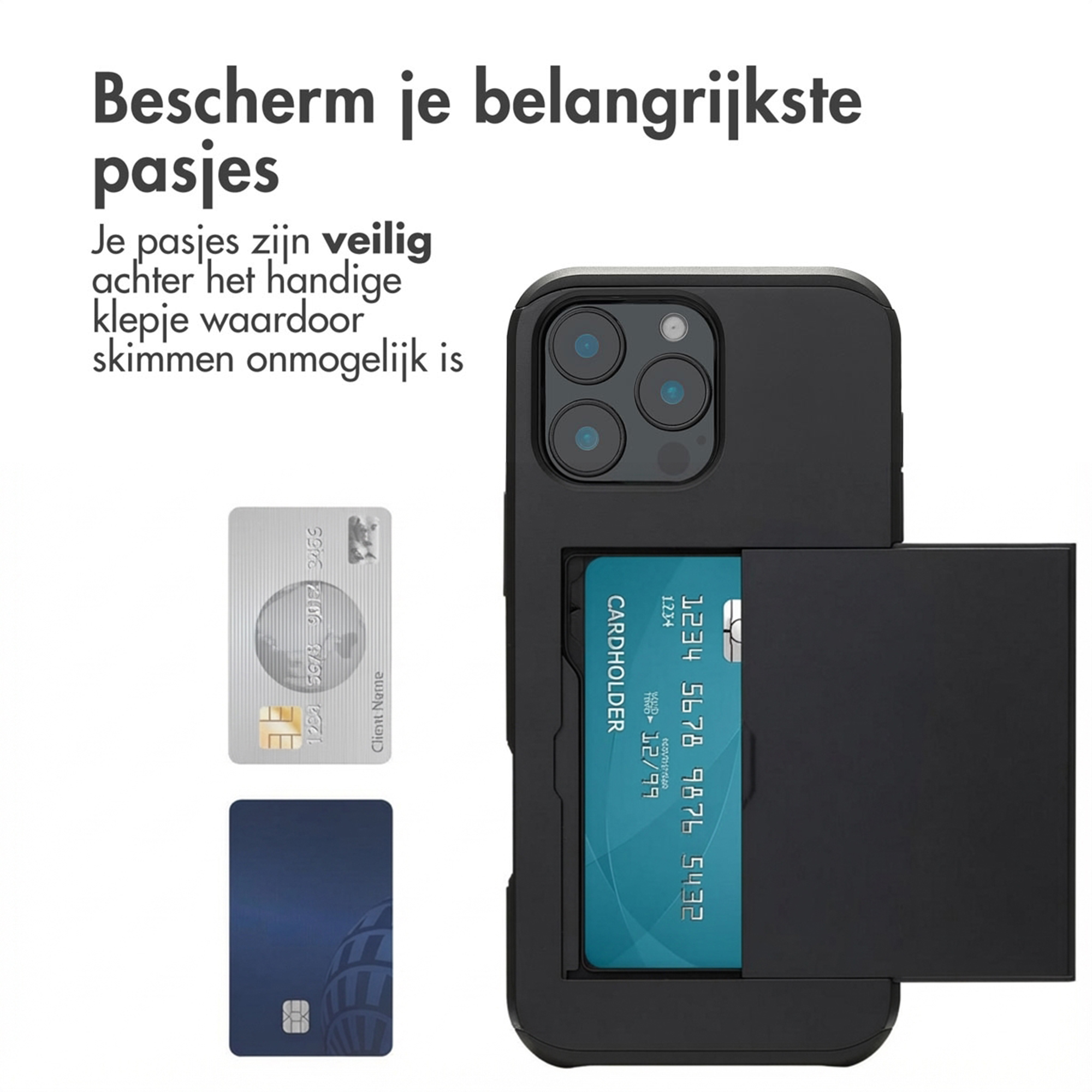 Custodia nera per telefono con slot per carte, mostra carte di credito.