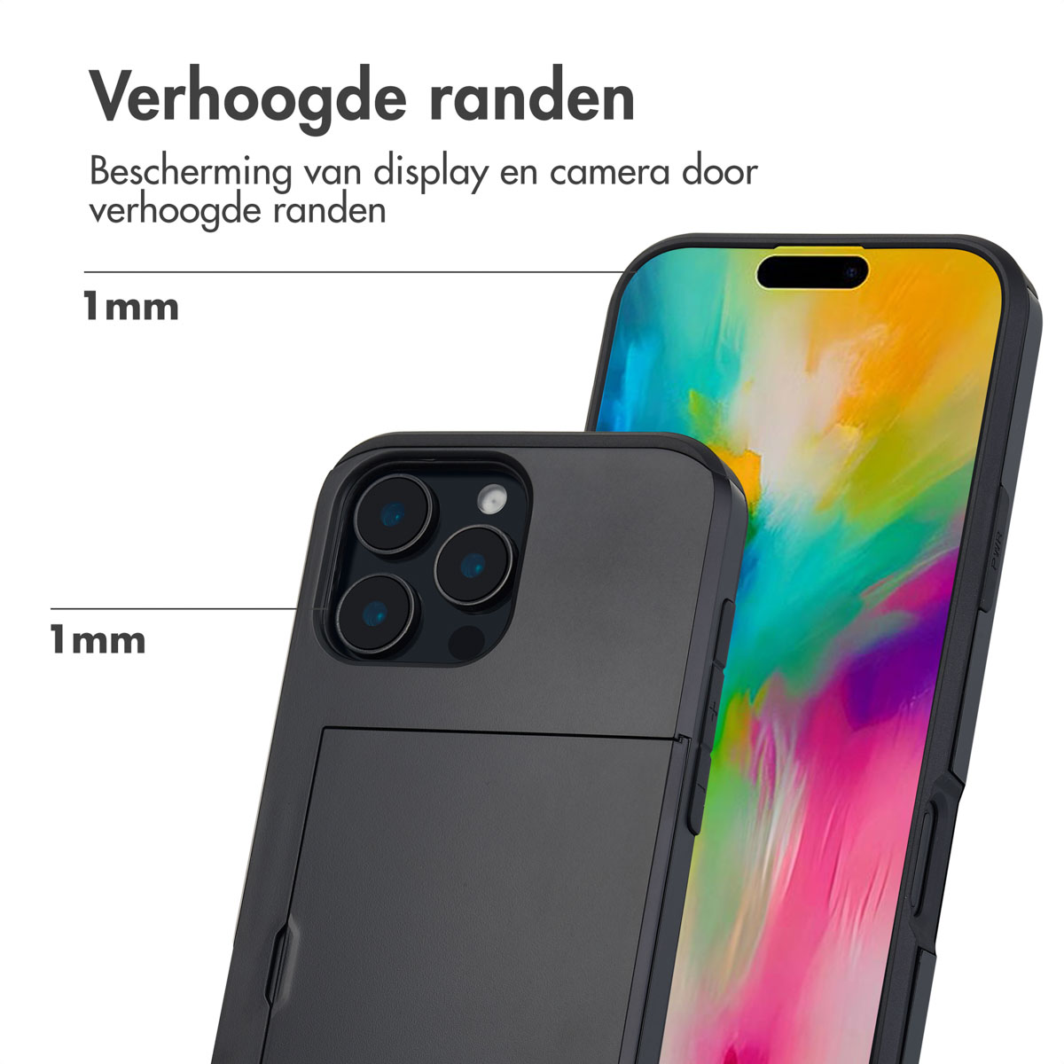 Una custodia nera per telefono con bordi rialzati protegge uno smartphone con sfondo colorato.